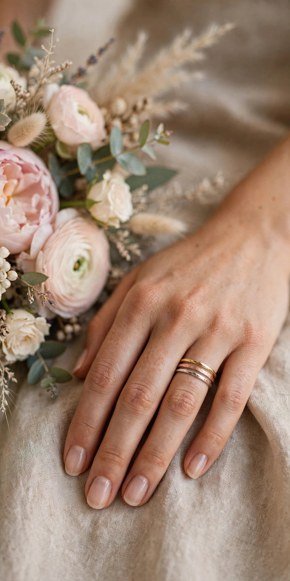 Stacking Band — wedding band in gold and platinum tones on a ring stand