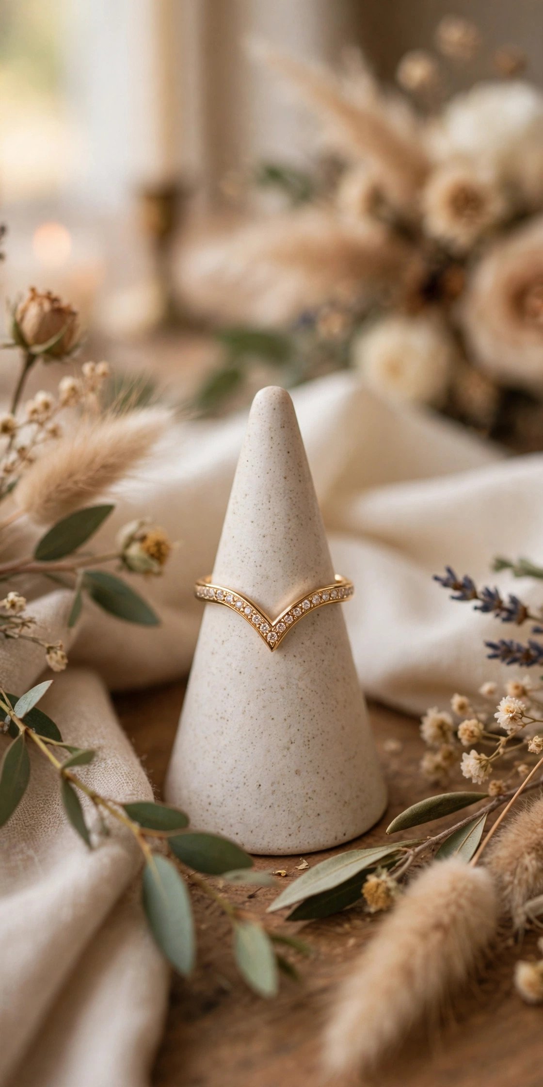 Chevron and Wishbone Band — wedding band in gold and platinum tones on a ring stand