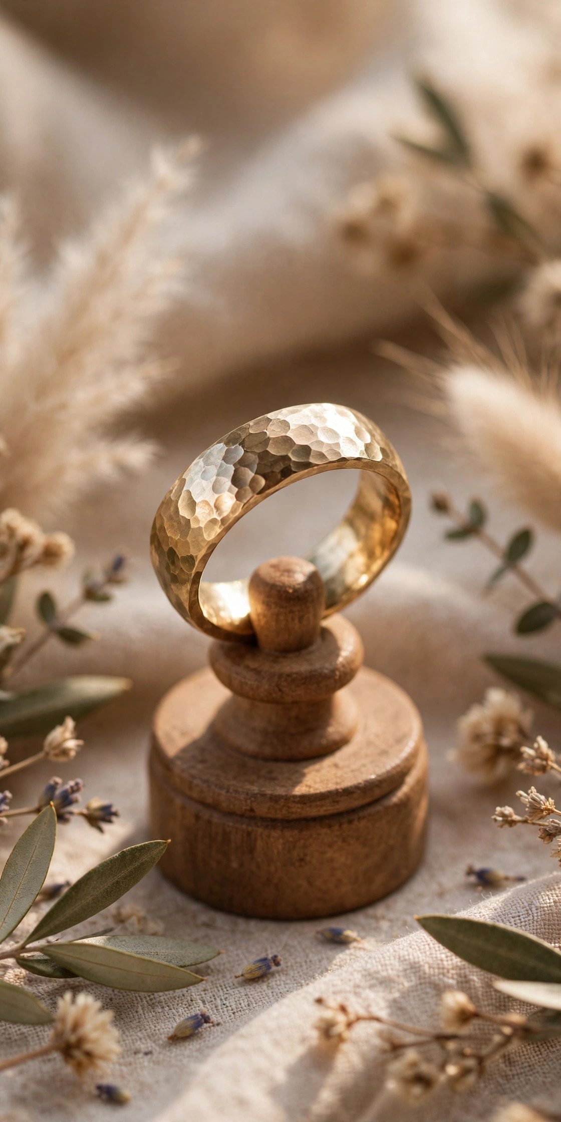 Hammered Band — wedding band in gold and platinum tones on a ring stand