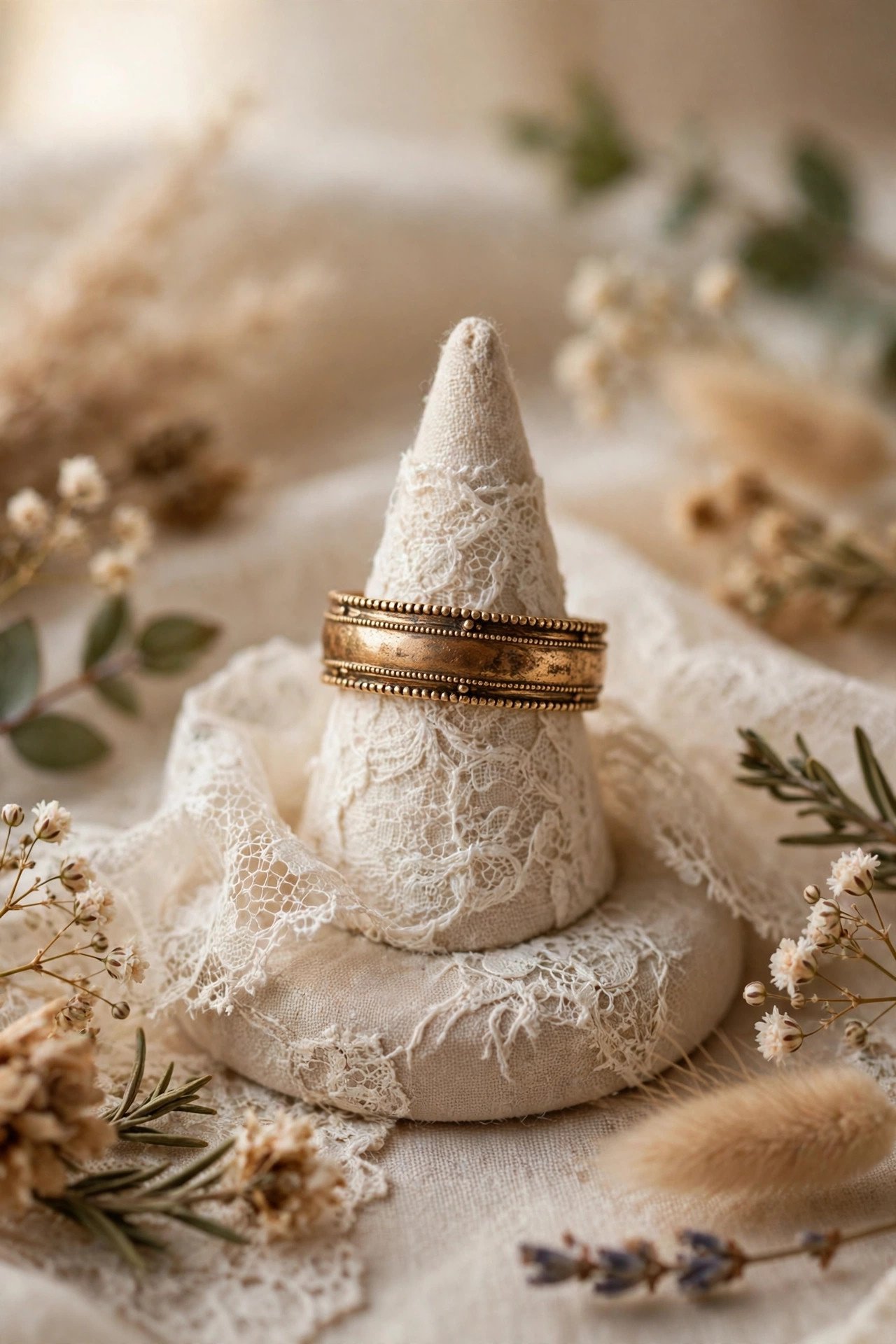 Milgrain Vintage Band — wedding band in gold and platinum tones on a ring stand