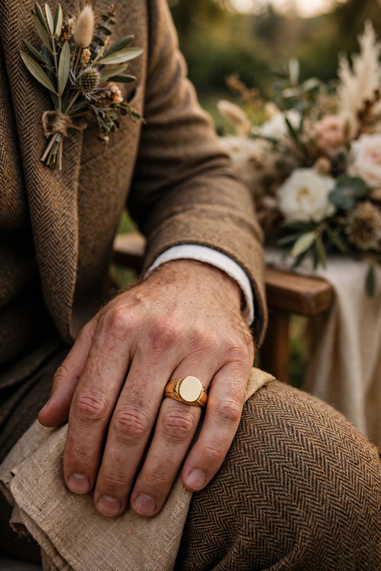 Signet-Style Band — wedding band in gold and platinum tones on a ring stand