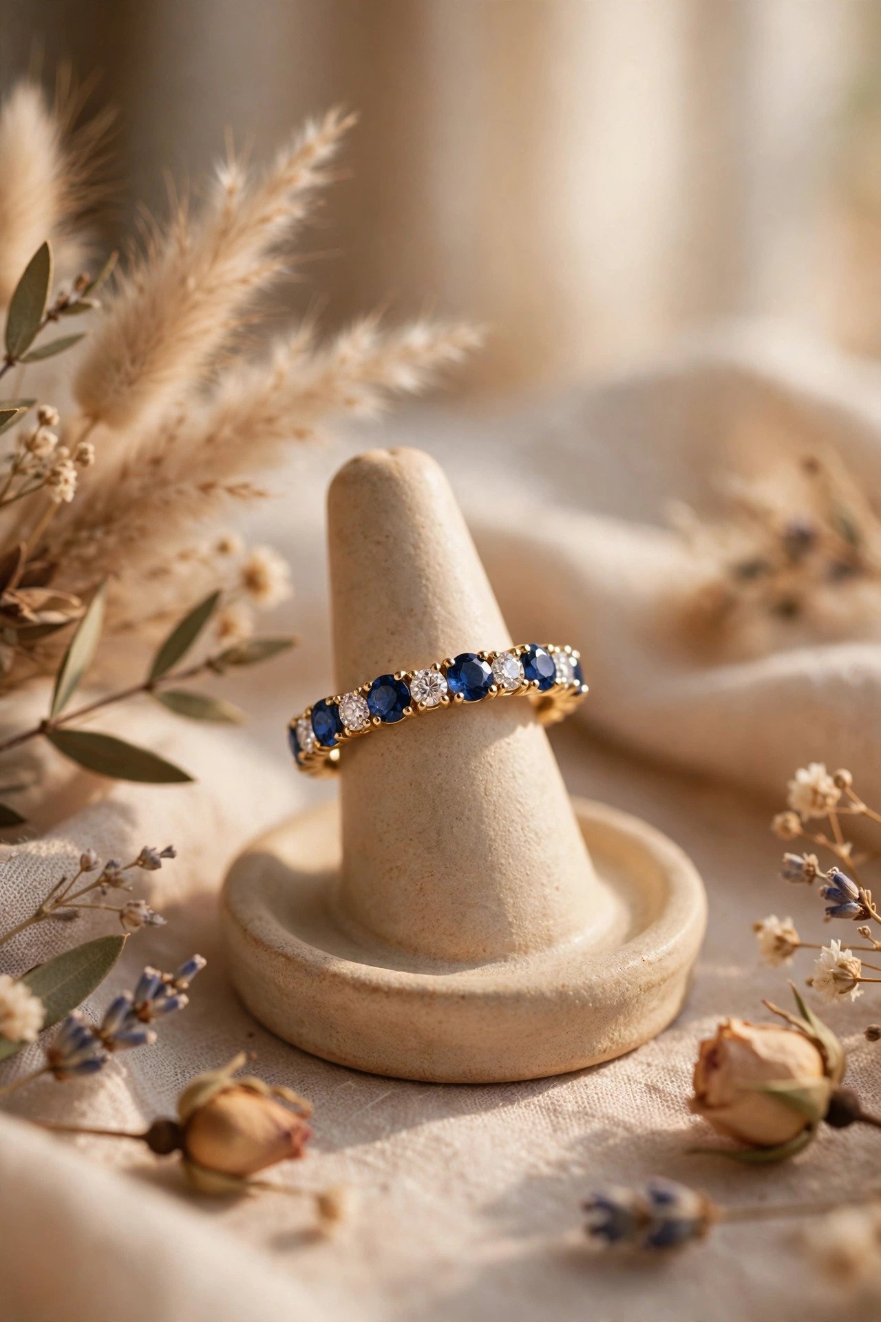 Eternity Gemstone Band — wedding band in gold and platinum tones on a ring stand
