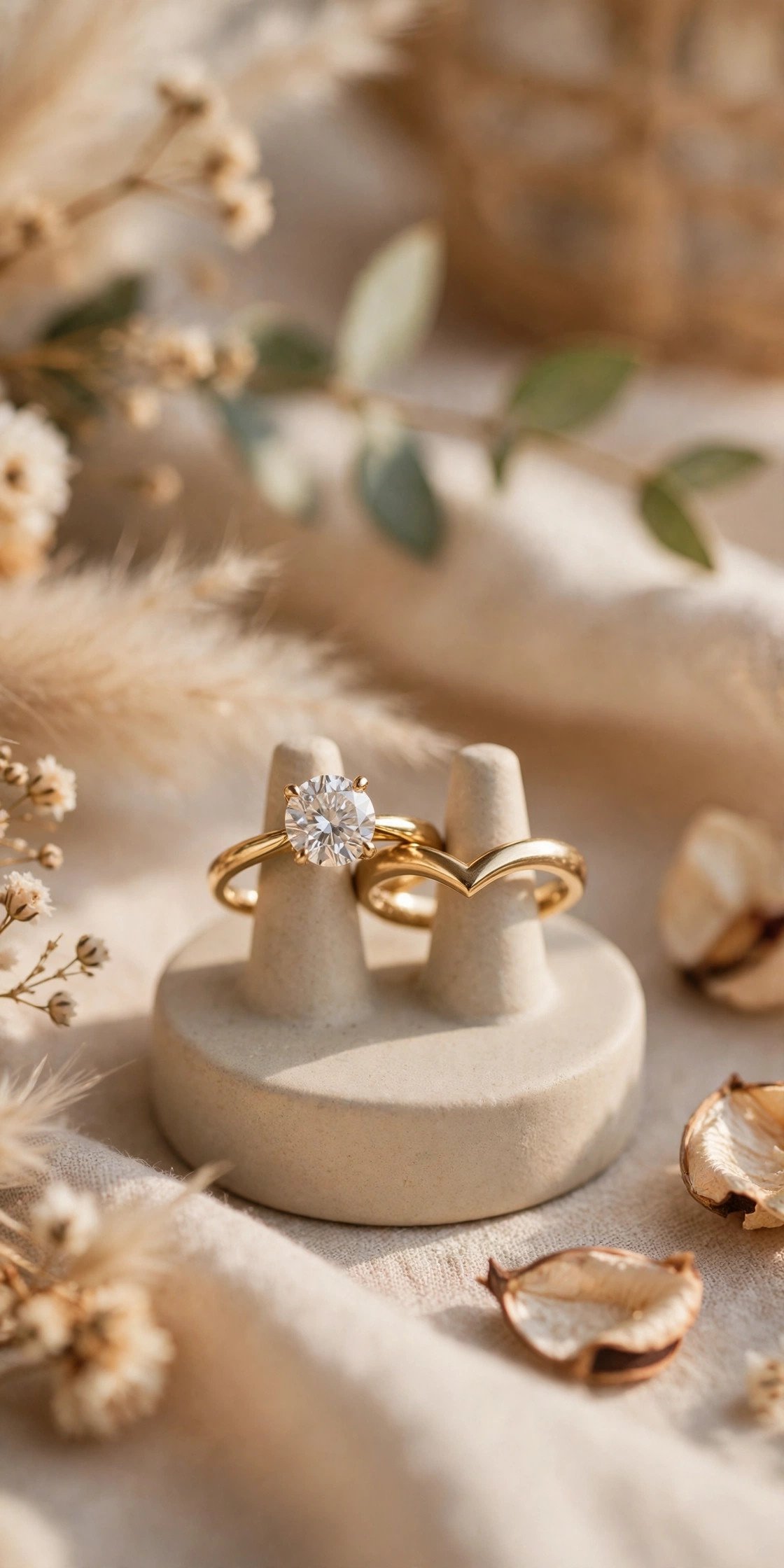 Curved Contour Band — wedding band in gold and platinum tones on a ring stand