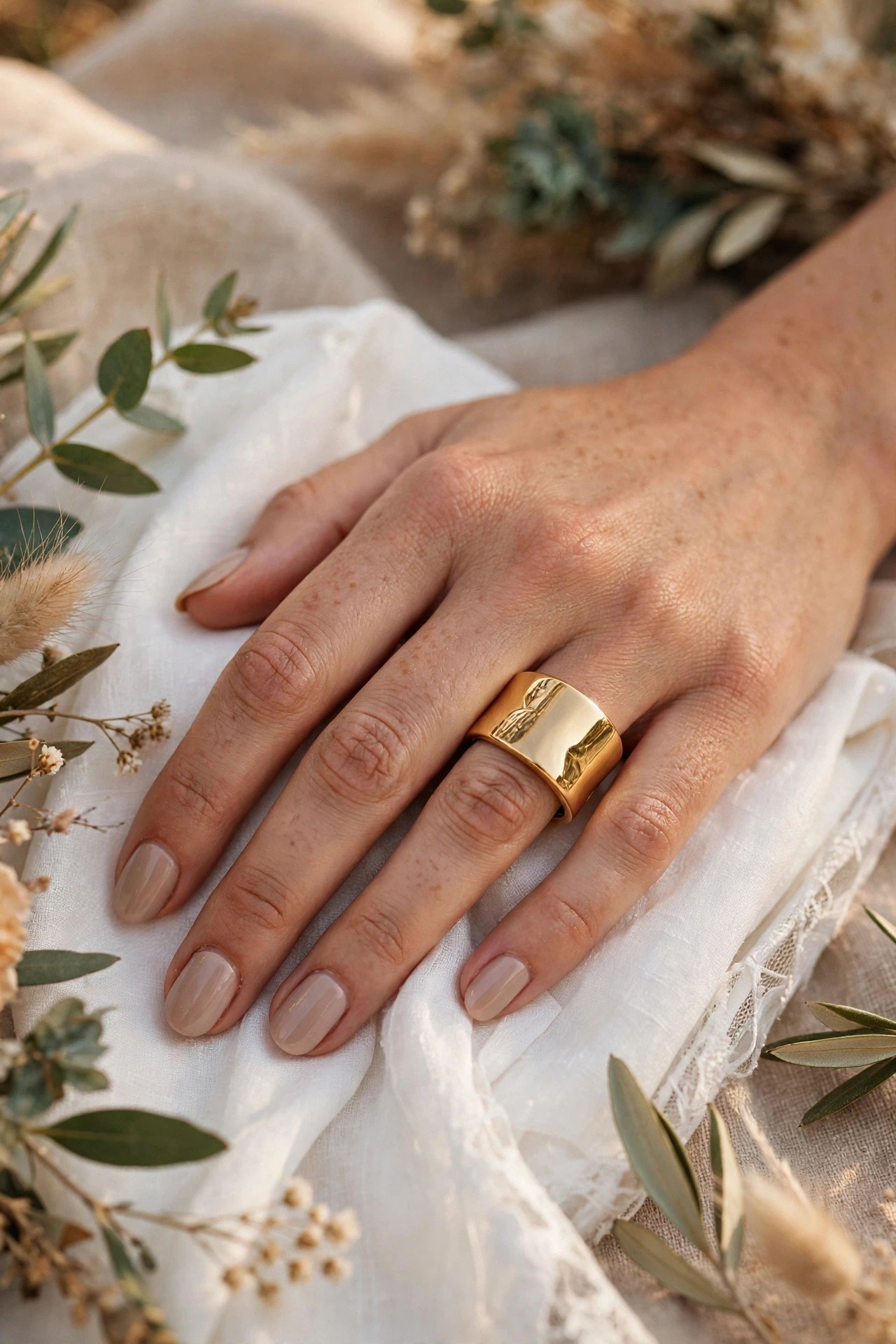 Wide Statement Band — wedding band in gold and platinum tones on a ring stand