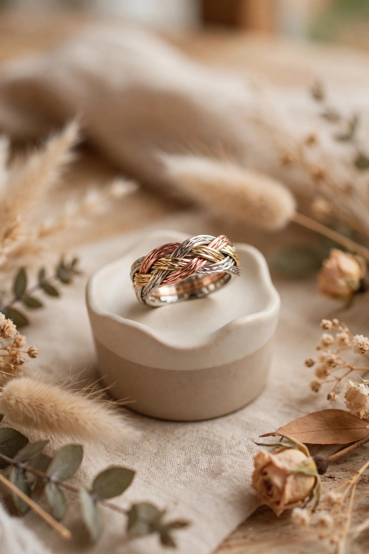 Mixed-Metal Band — wedding band in gold and platinum tones on a ring stand