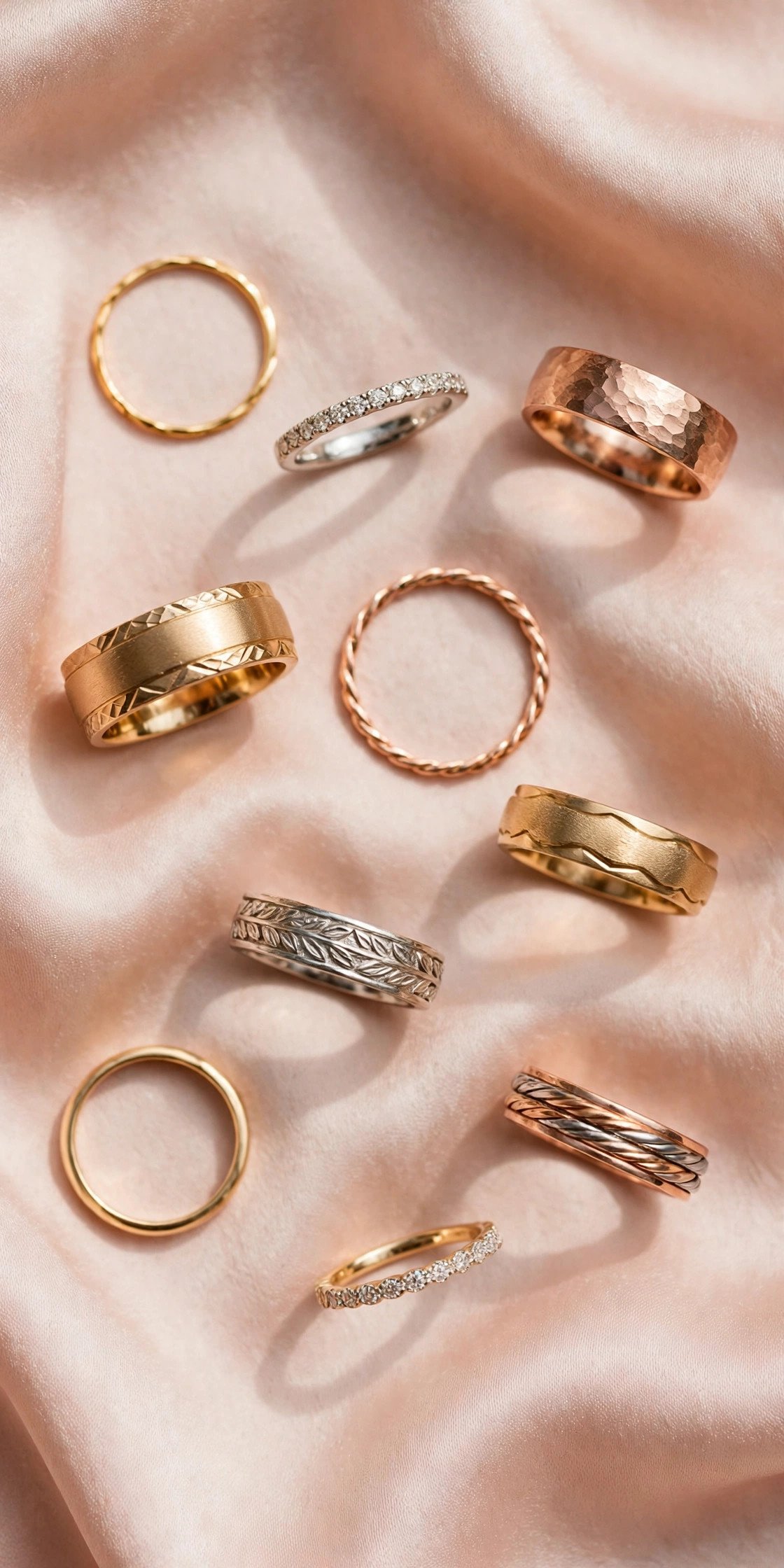 Collection of wedding bands in different styles and metals on a soft blush background