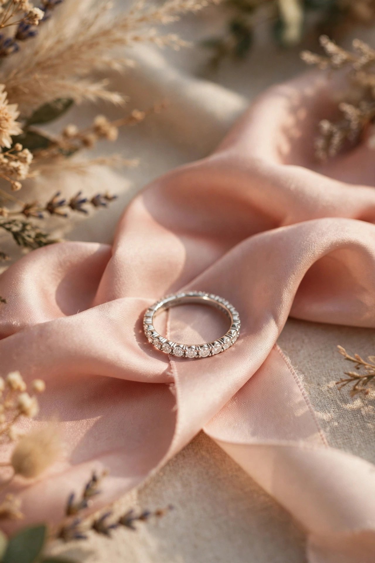 White Gold Diamond Band — gold wedding band photographed on a silk ribbon
