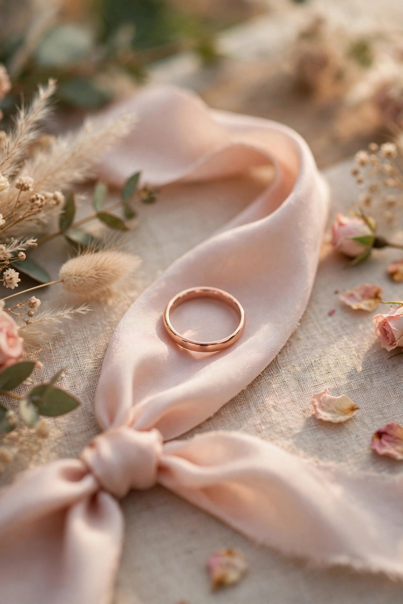 Rose Gold Plain Band — gold wedding band photographed on a silk ribbon