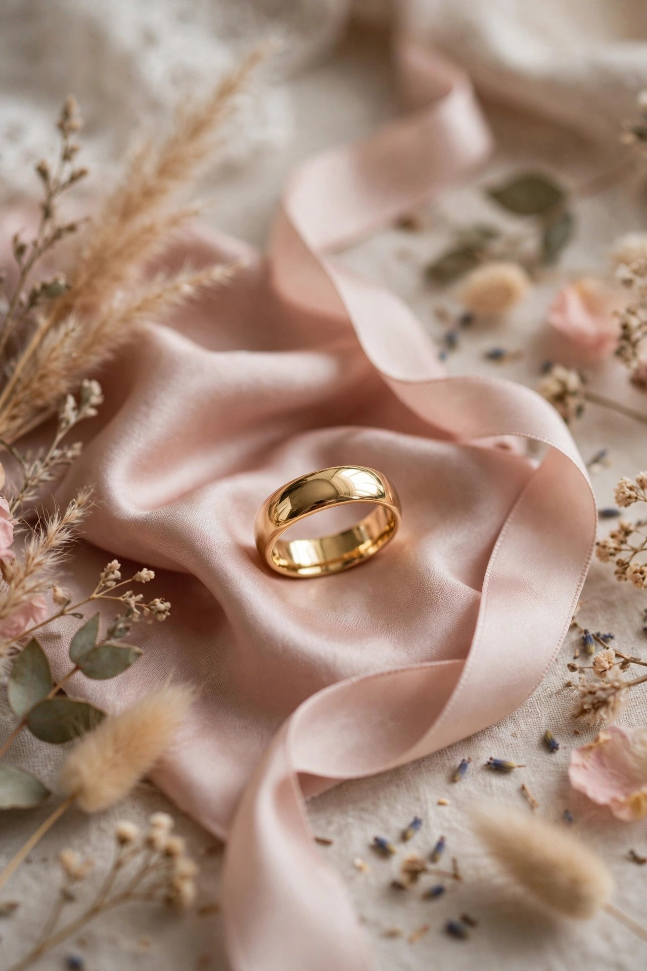 14K Yellow Gold Domed Band — gold wedding band photographed on a silk ribbon