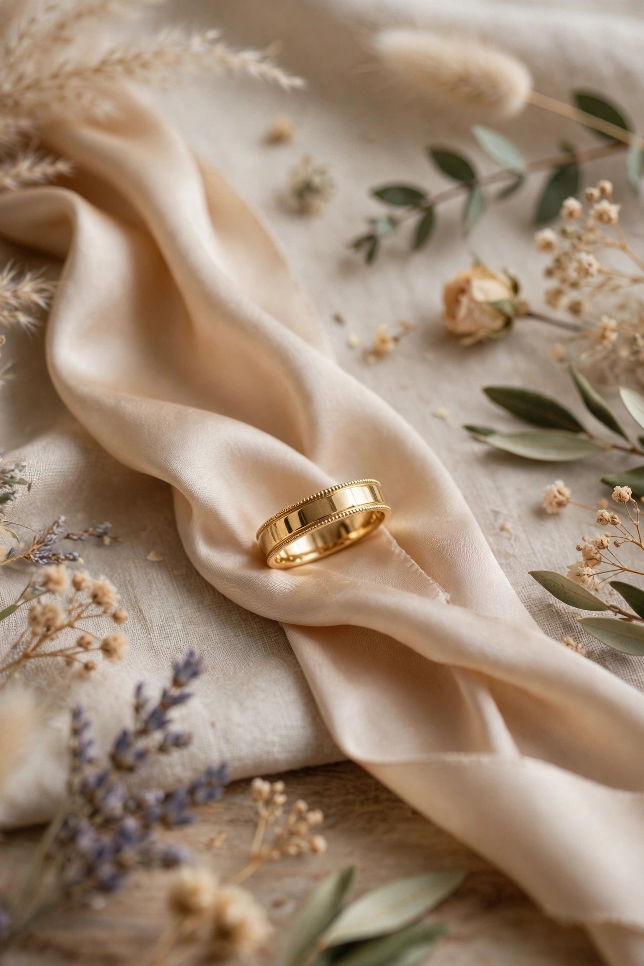 Yellow Gold Milgrain Band — gold wedding band photographed on a silk ribbon