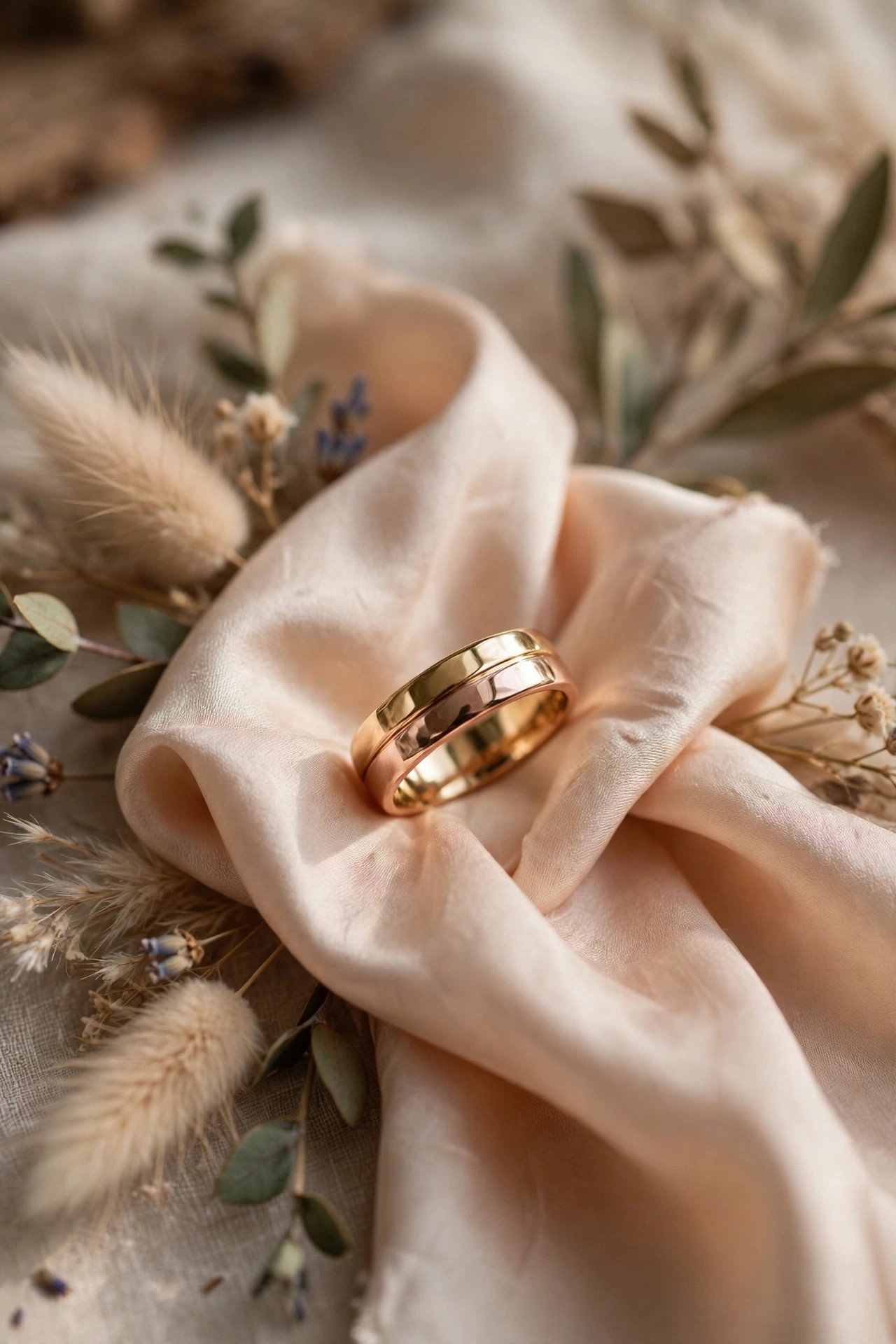 Two-Tone Gold Band — gold wedding band photographed on a silk ribbon