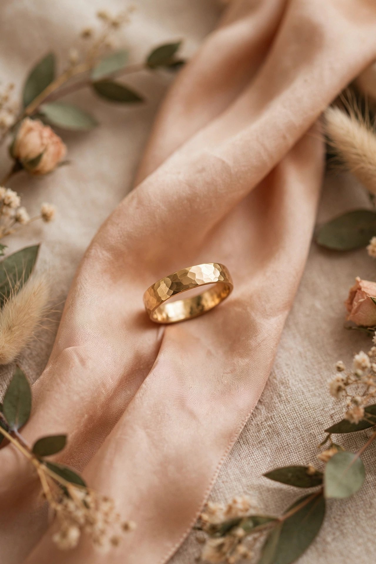 Yellow Gold Hammered Band — gold wedding band photographed on a silk ribbon