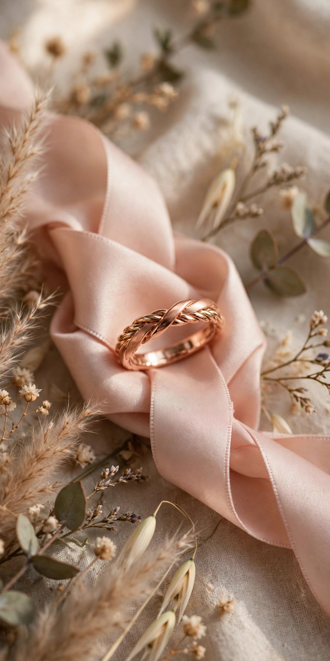 Rose Gold Twist Band — gold wedding band photographed on a silk ribbon