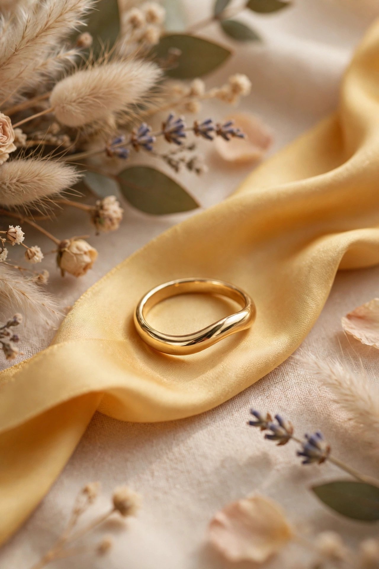 Yellow Gold Curved Band — gold wedding band photographed on a silk ribbon