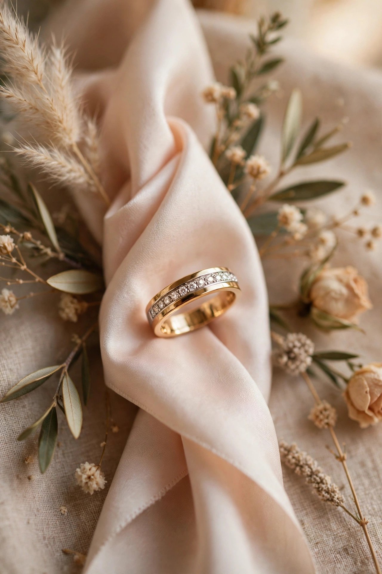 White Gold Channel Band — gold wedding band photographed on a silk ribbon