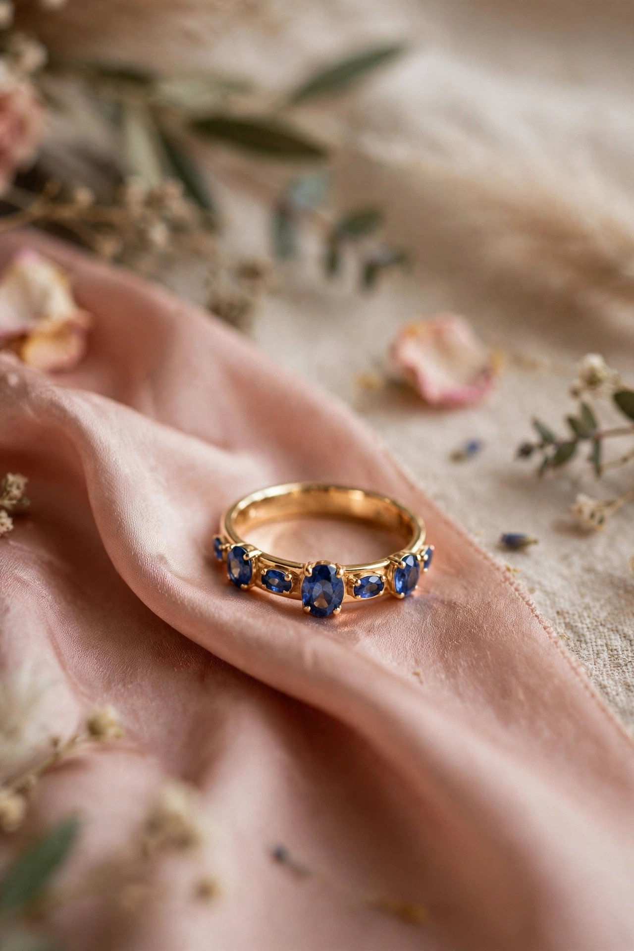 Gold Band With Sapphires — gold wedding band photographed on a silk ribbon