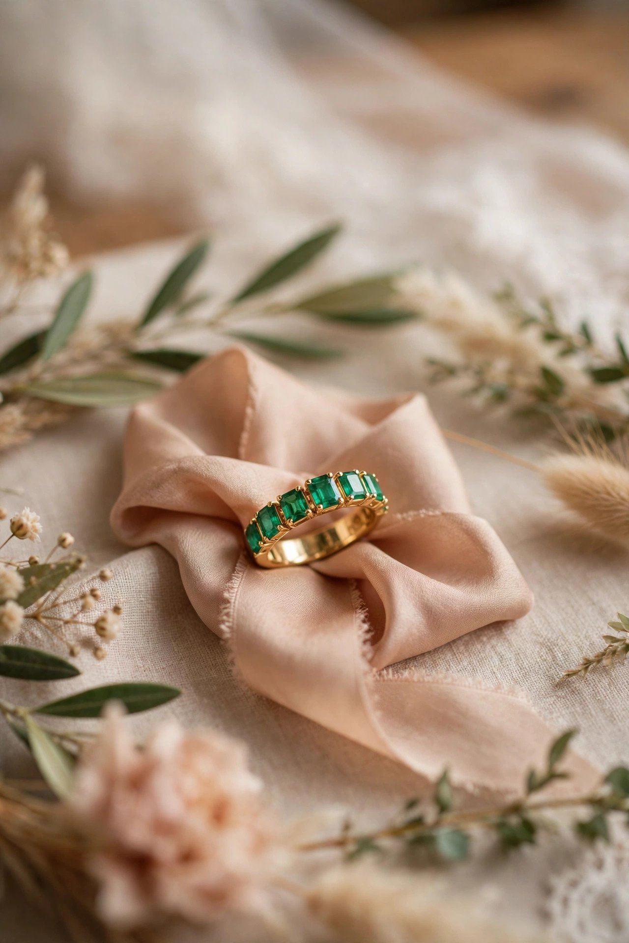 Gold Band With Emeralds — gold wedding band photographed on a silk ribbon