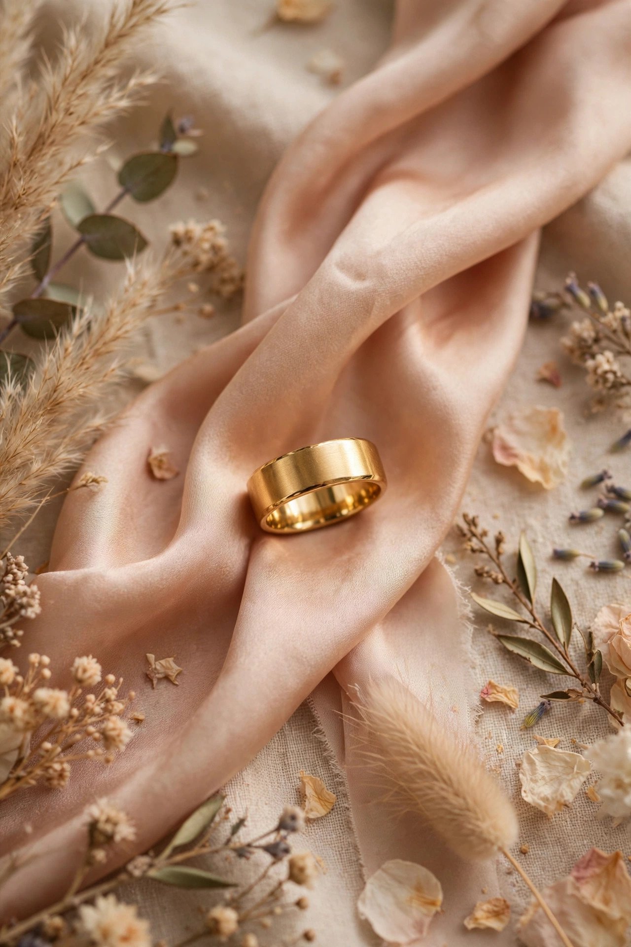 Yellow Gold Wide Band — gold wedding band photographed on a silk ribbon