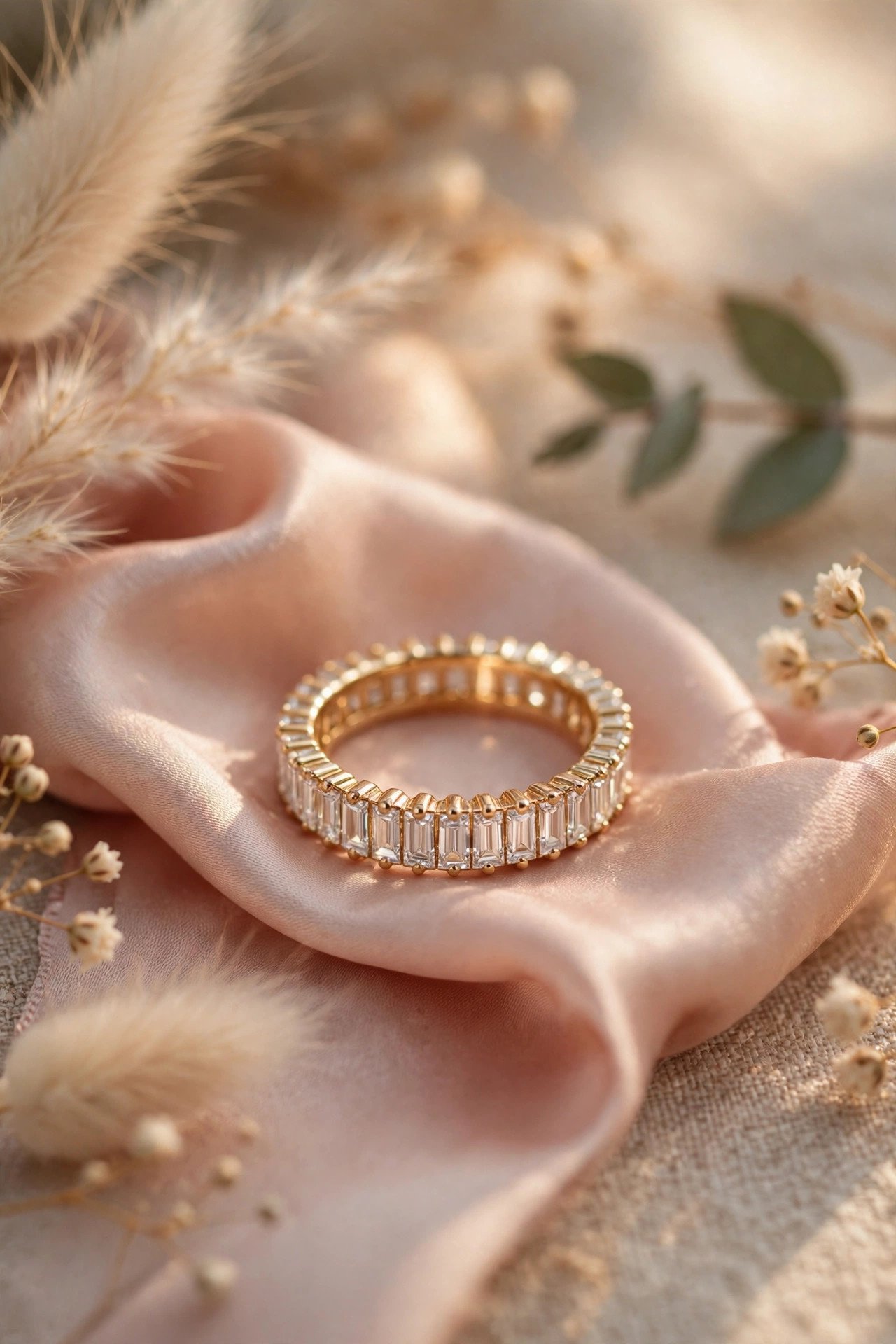 Gold Band With Baguette Diamonds — gold wedding band photographed on a silk ribbon