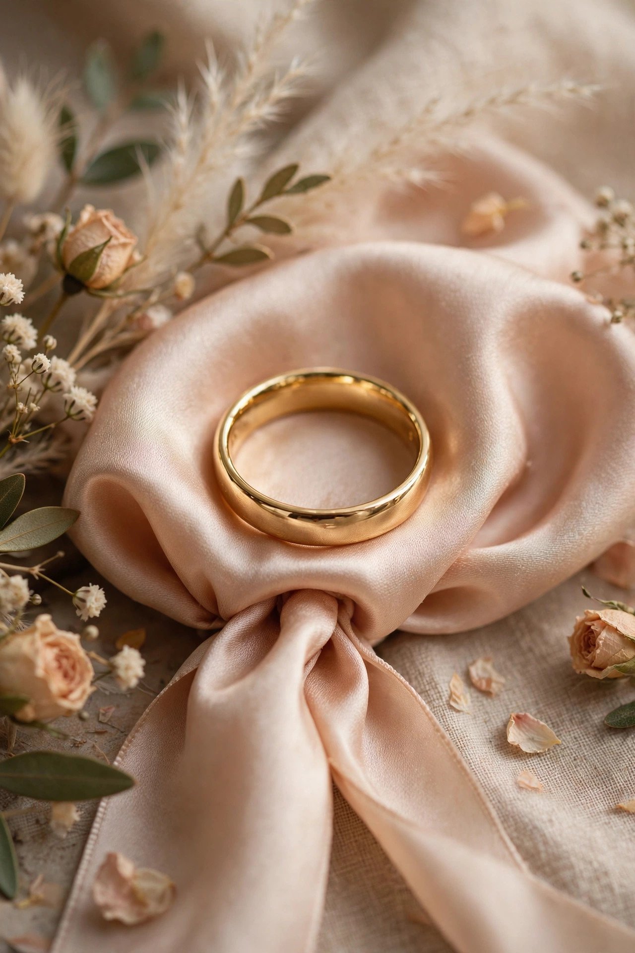 Yellow Gold Comfort-Fit Band — gold wedding band photographed on a silk ribbon