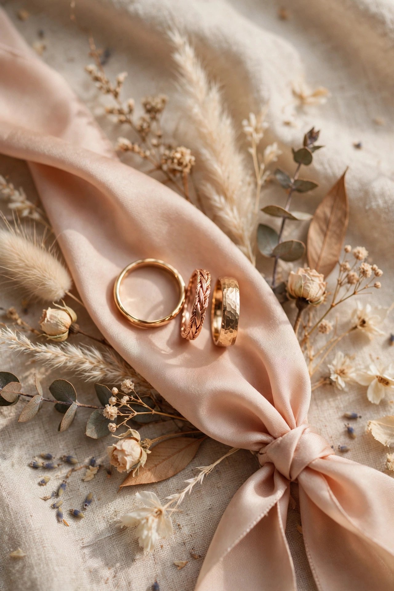Mixed Gold Trio Bands — gold wedding band photographed on a silk ribbon