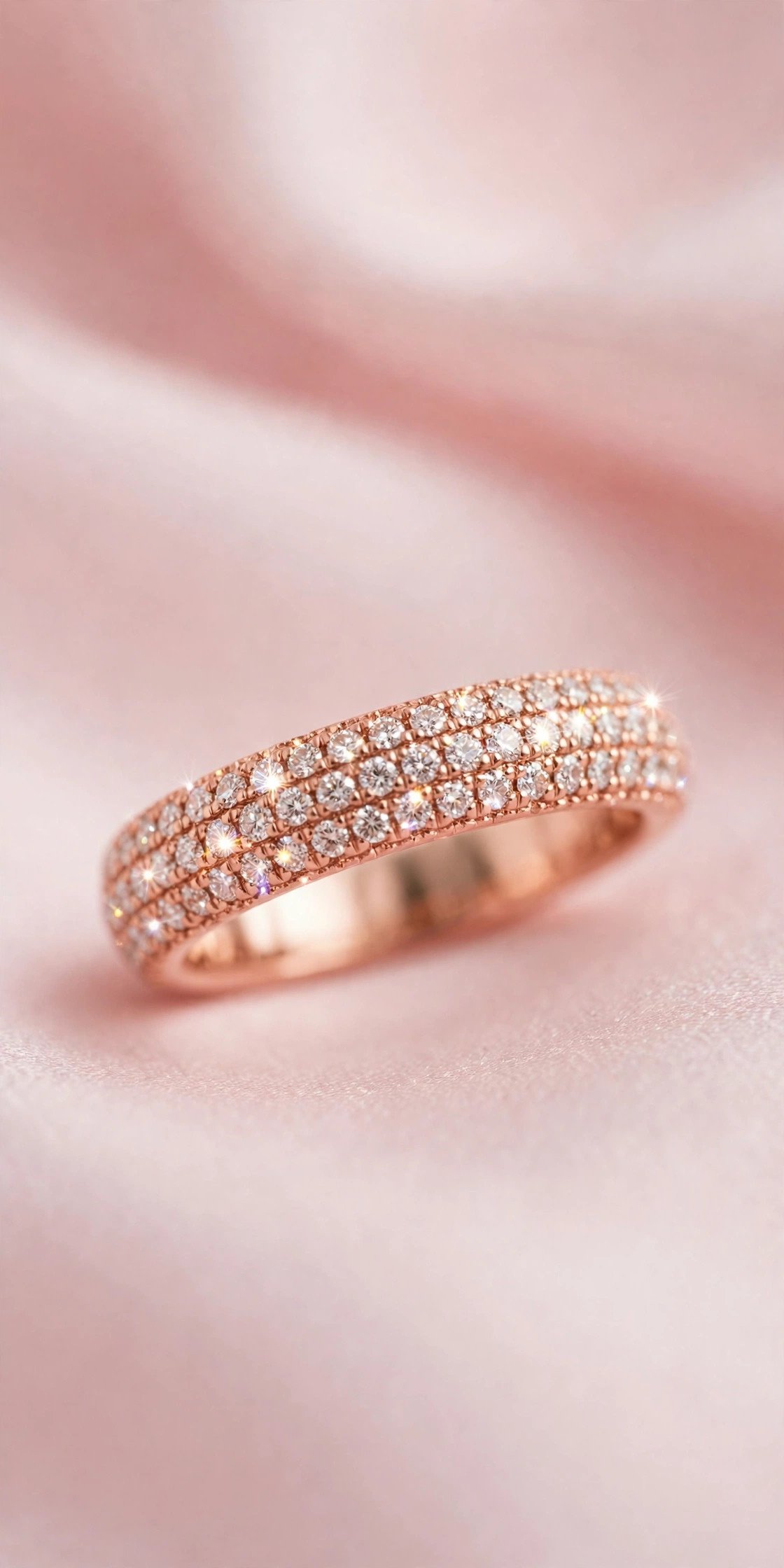 Rose Gold Pavé Band — rose gold wedding band on a soft pink background