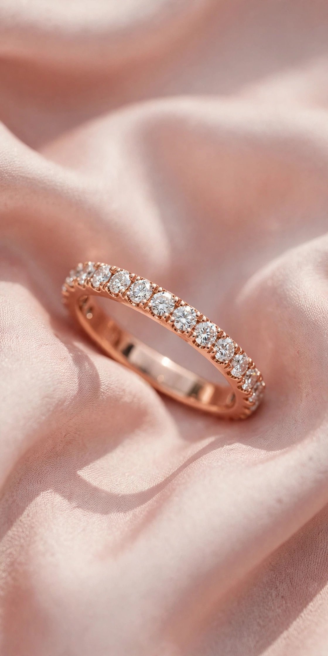 Rose Gold Eternity Band — rose gold wedding band on a soft pink background