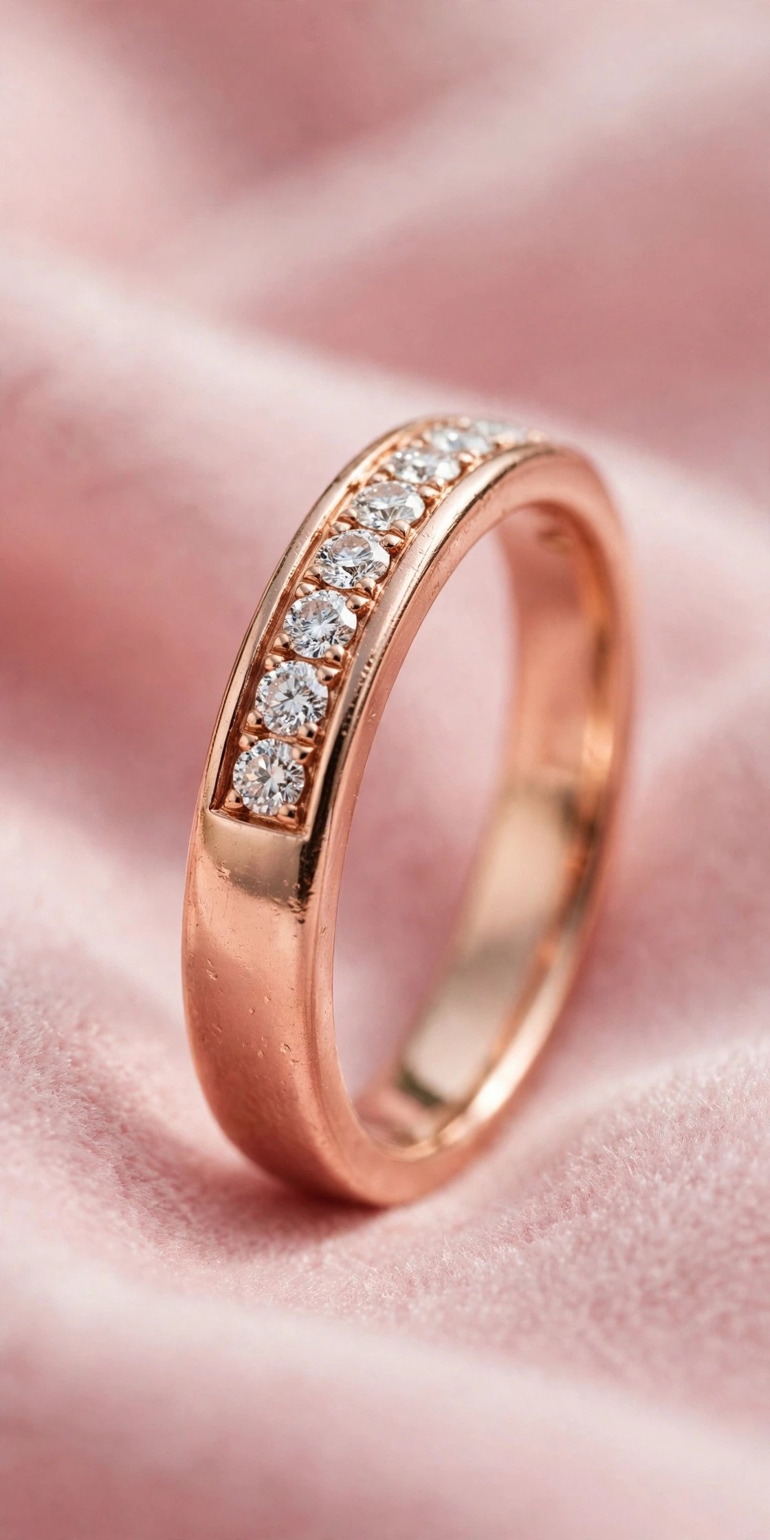 Rose Gold Half-Eternity Band — rose gold wedding band on a soft pink background