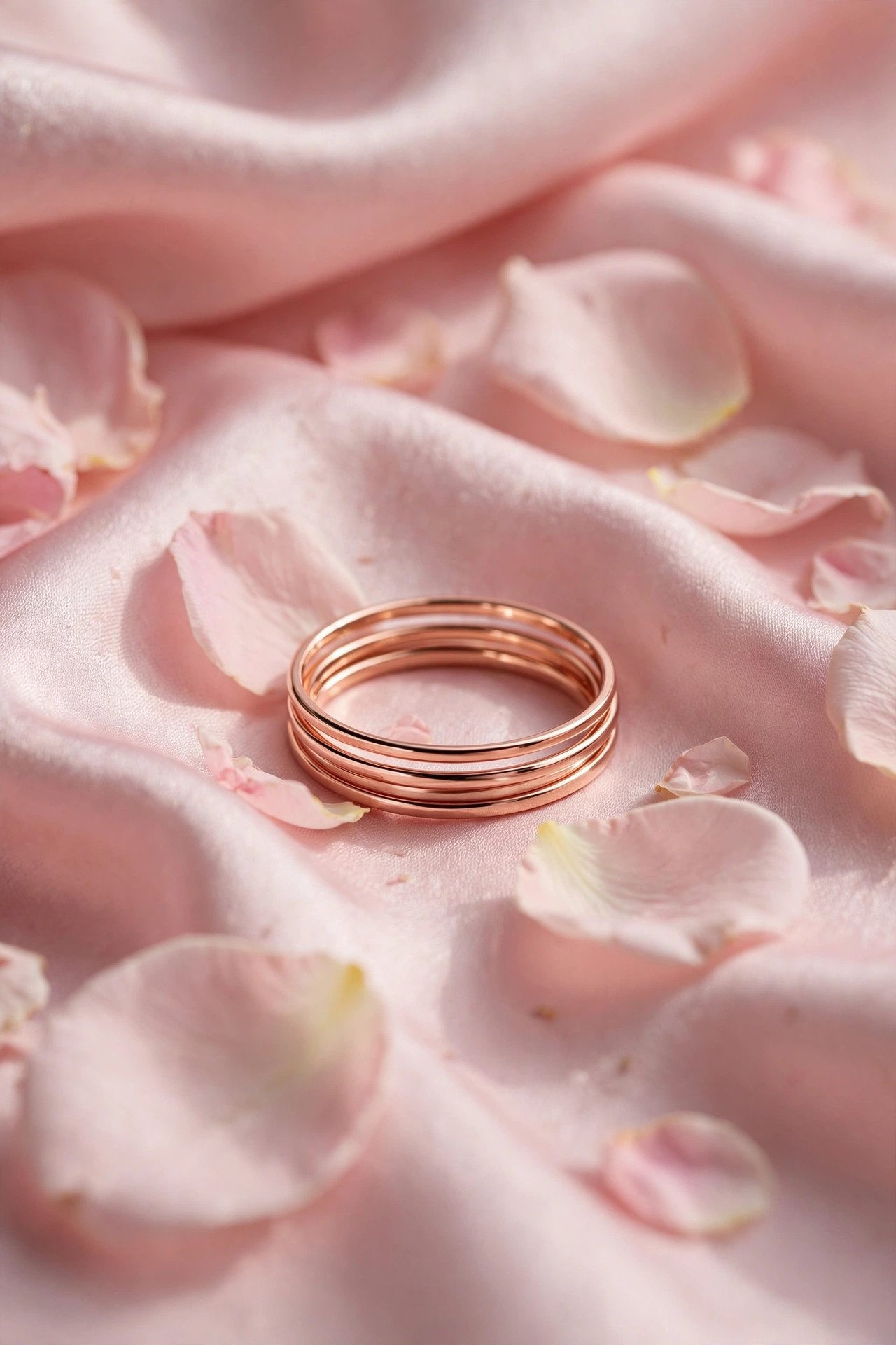 Slim Rose Gold Stacking Band — rose gold wedding band on a soft pink background