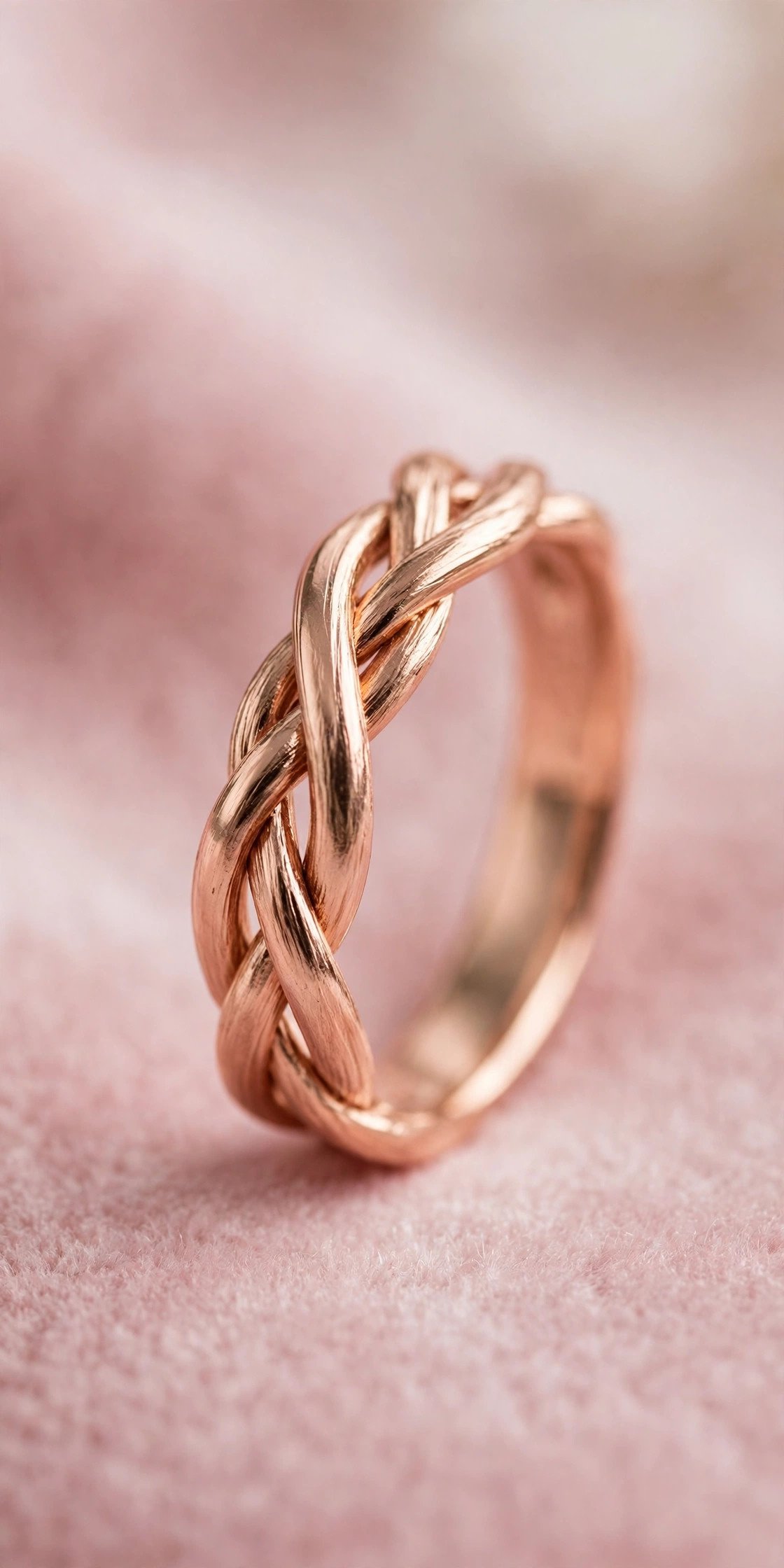 Rose Gold Twist Band — rose gold wedding band on a soft pink background