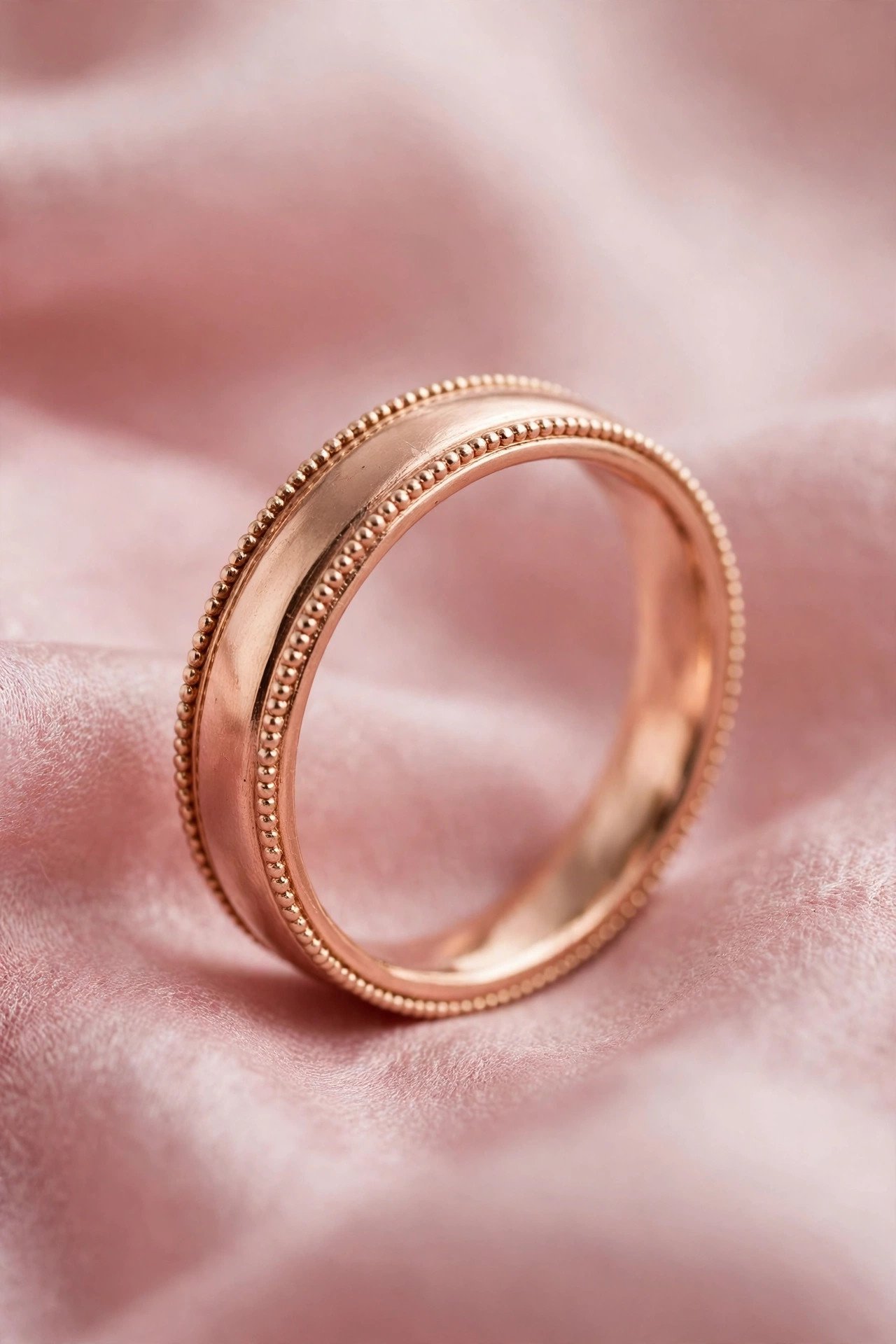 Rose Gold Milgrain Band — rose gold wedding band on a soft pink background