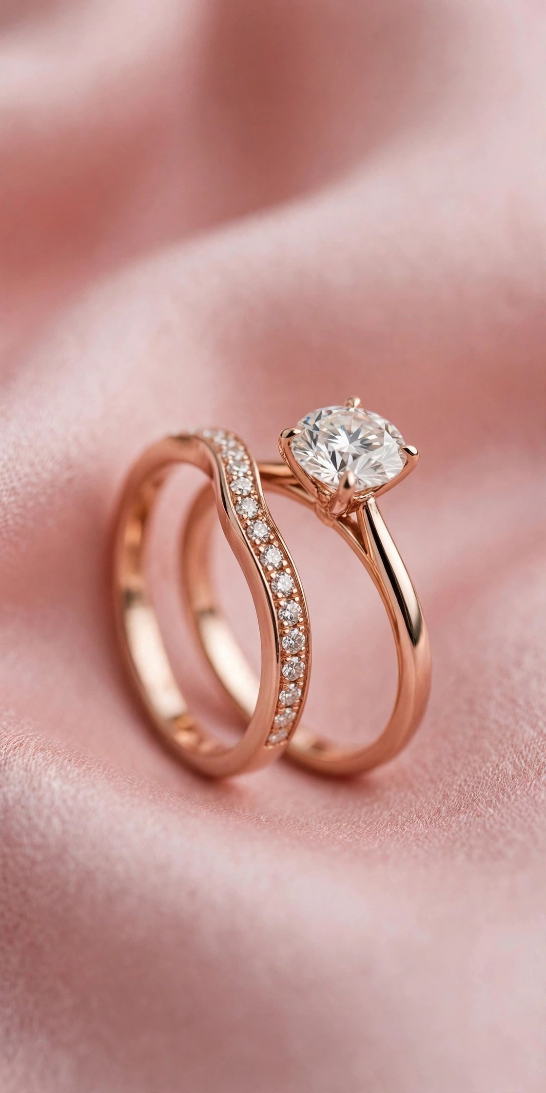 Rose Gold and Diamond Curved Band — rose gold wedding band on a soft pink background