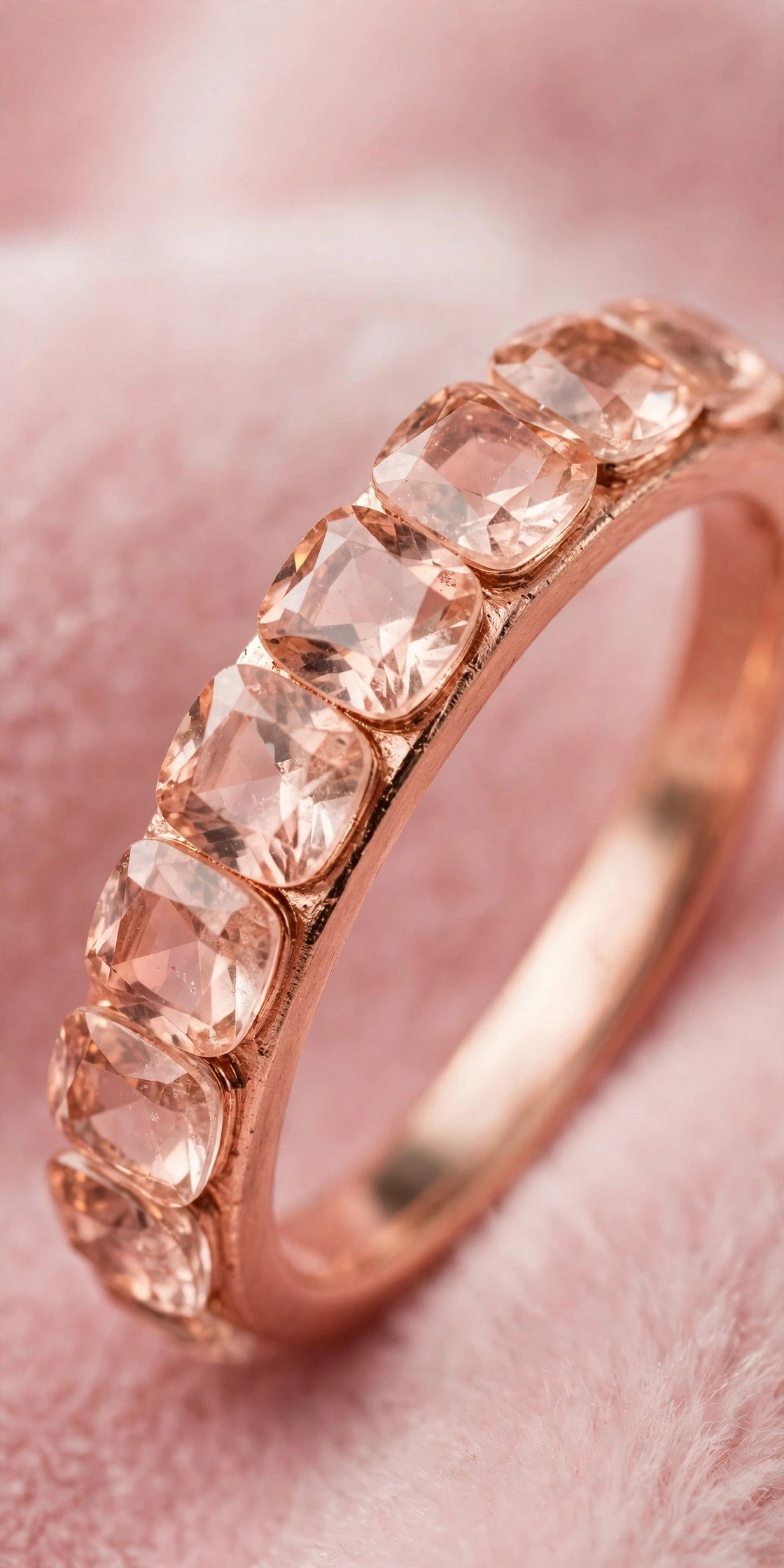 Rose Gold Morganite Band — rose gold wedding band on a soft pink background