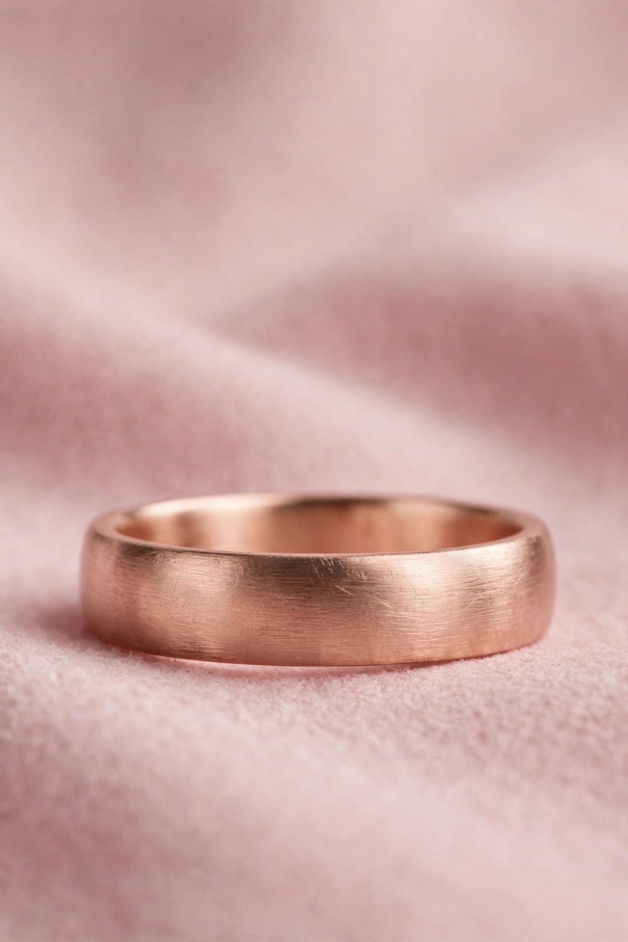 Rose Gold Brushed Band — rose gold wedding band on a soft pink background