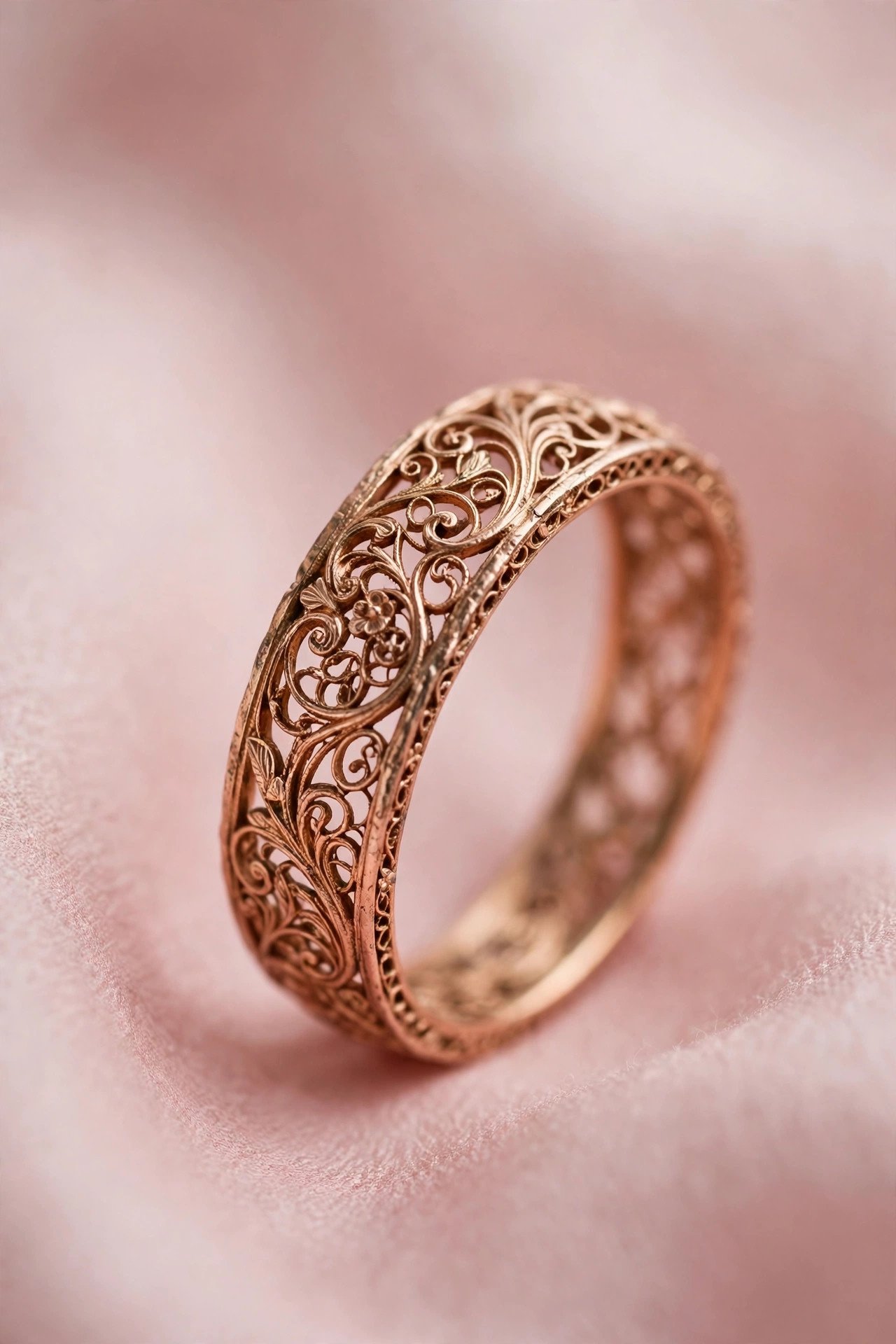 Rose Gold Vintage Filigree Band — rose gold wedding band on a soft pink background