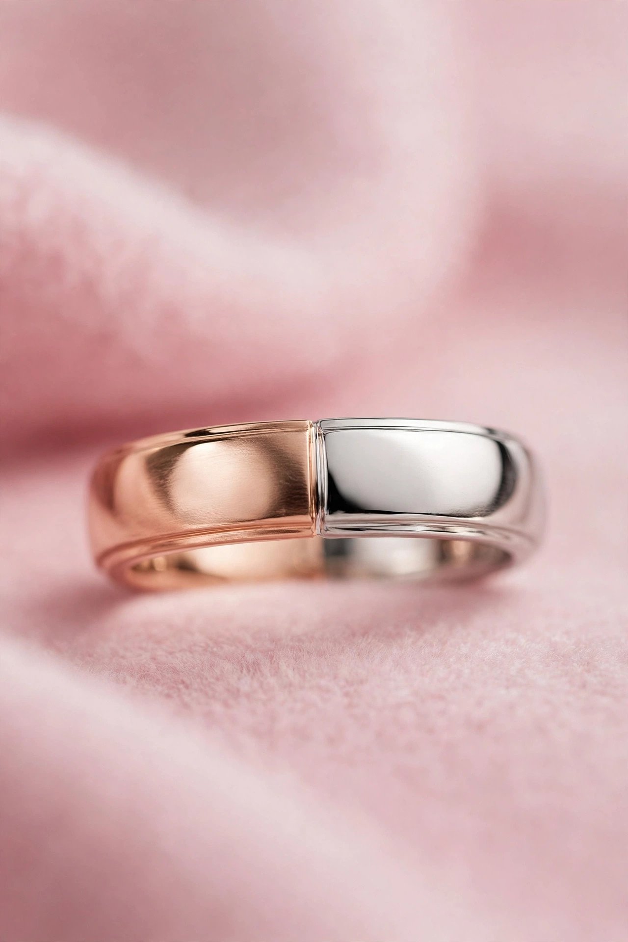 Rose Gold Two-Tone Band — rose gold wedding band on a soft pink background