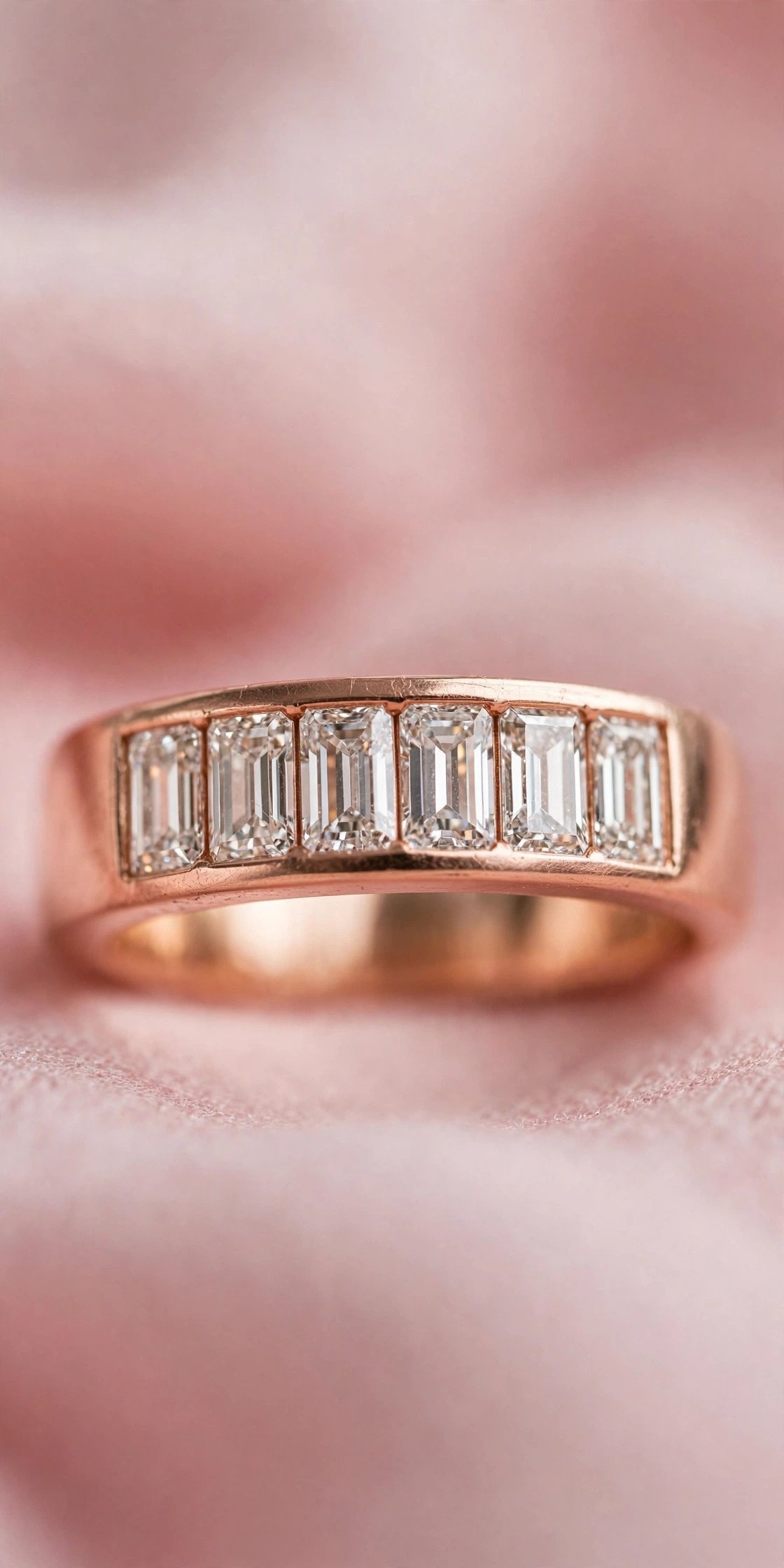 Rose Gold Baguette Band — rose gold wedding band on a soft pink background