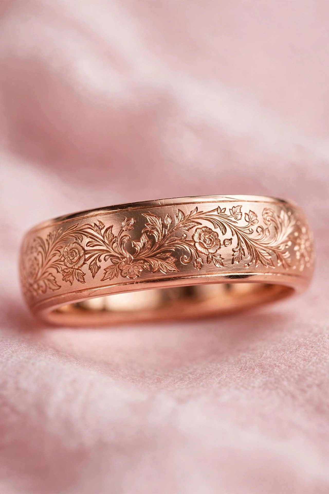 Rose Gold Engraved Band — rose gold wedding band on a soft pink background