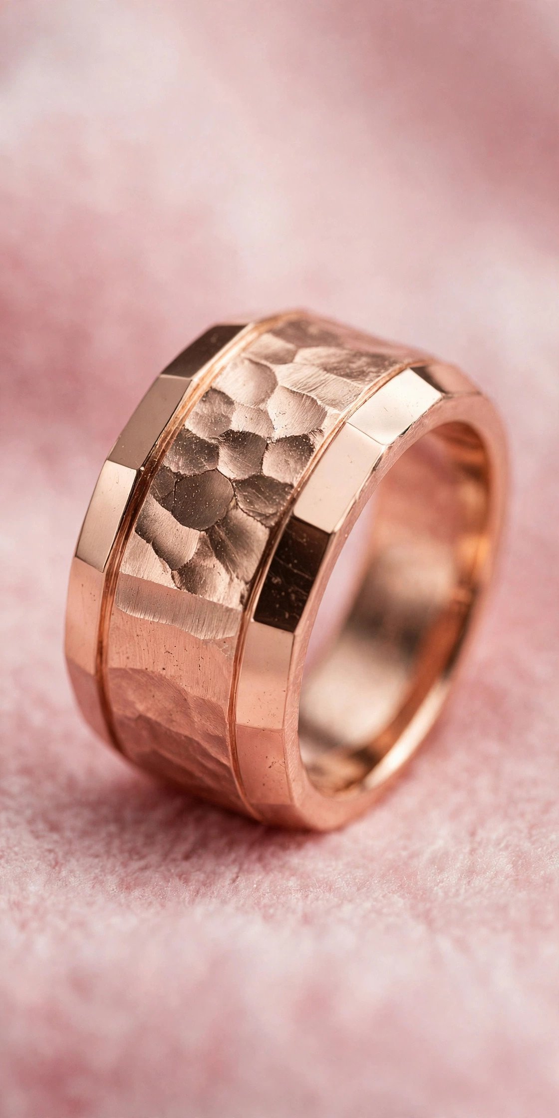 Wide Rose Gold Band — rose gold wedding band on a soft pink background