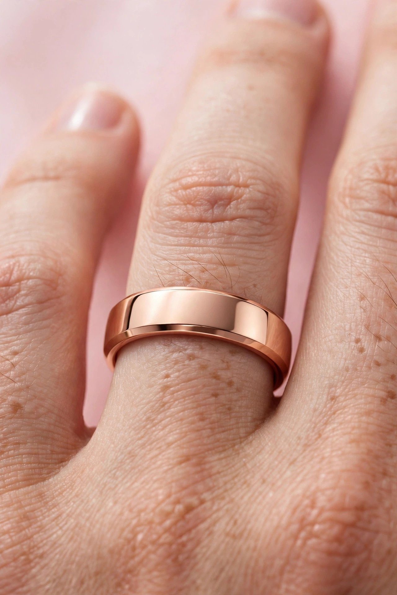 Rose Gold Comfort-Fit Band — rose gold wedding band on a soft pink background