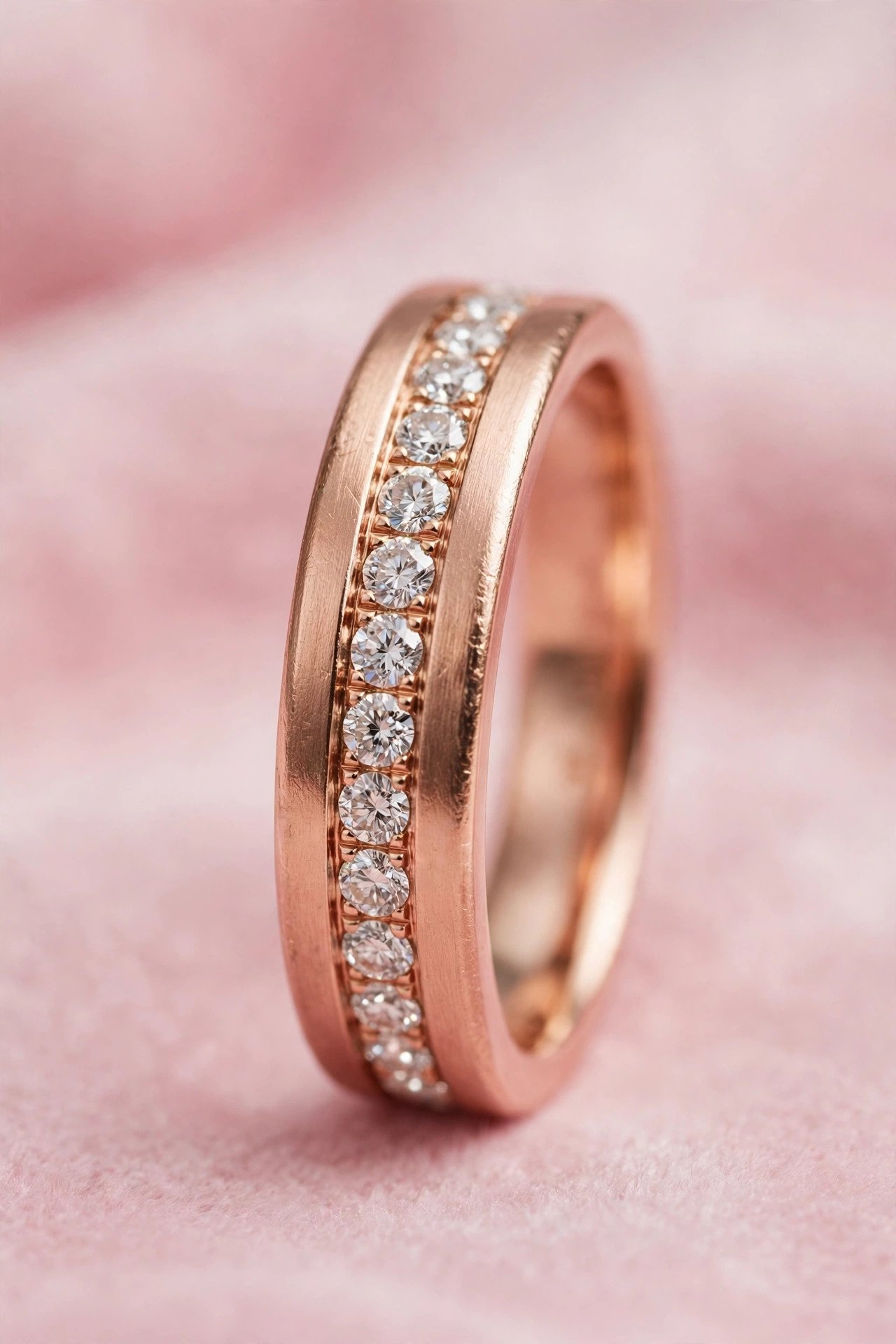 Rose Gold Channel Band — rose gold wedding band on a soft pink background