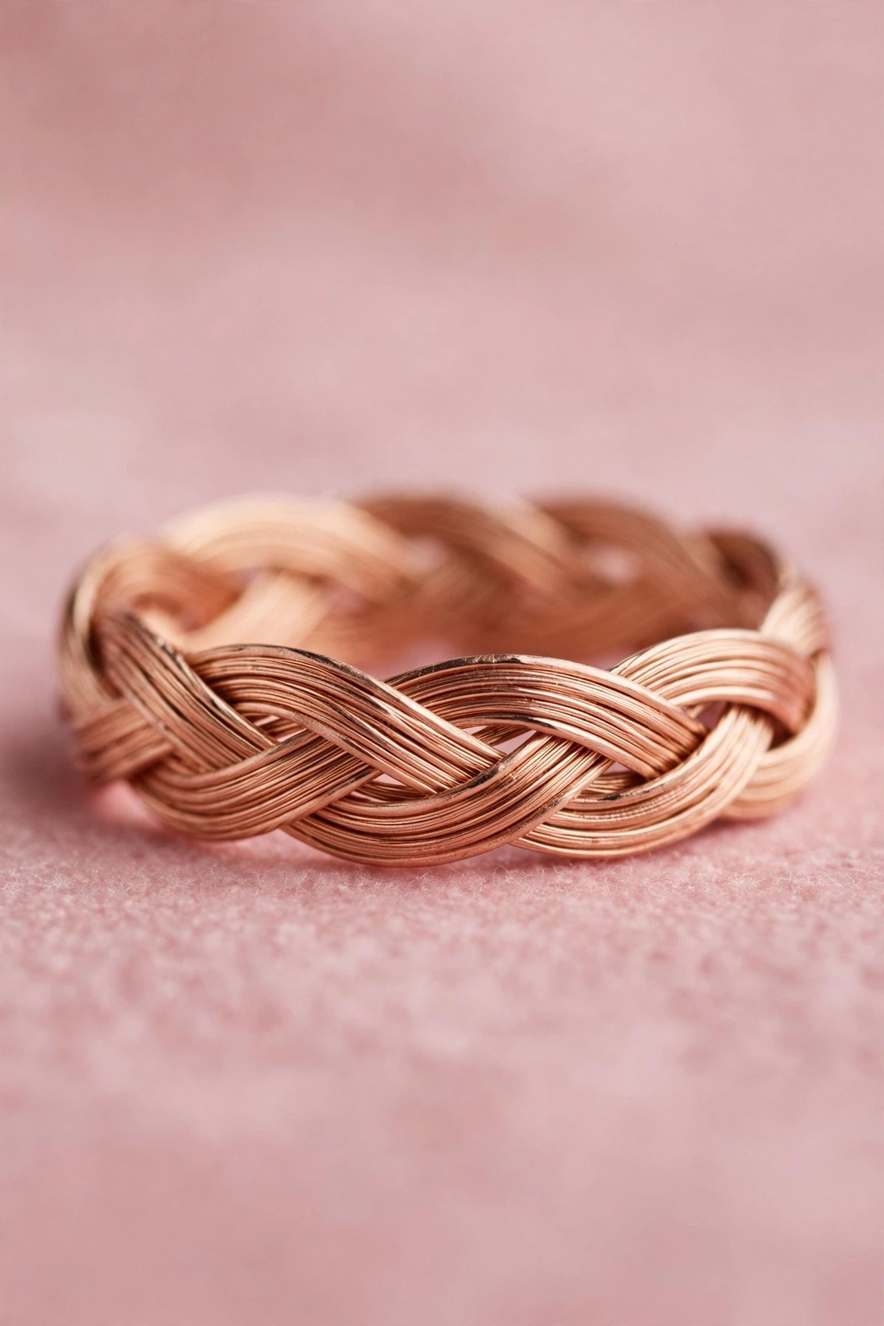 Rose Gold Braided Band — rose gold wedding band on a soft pink background