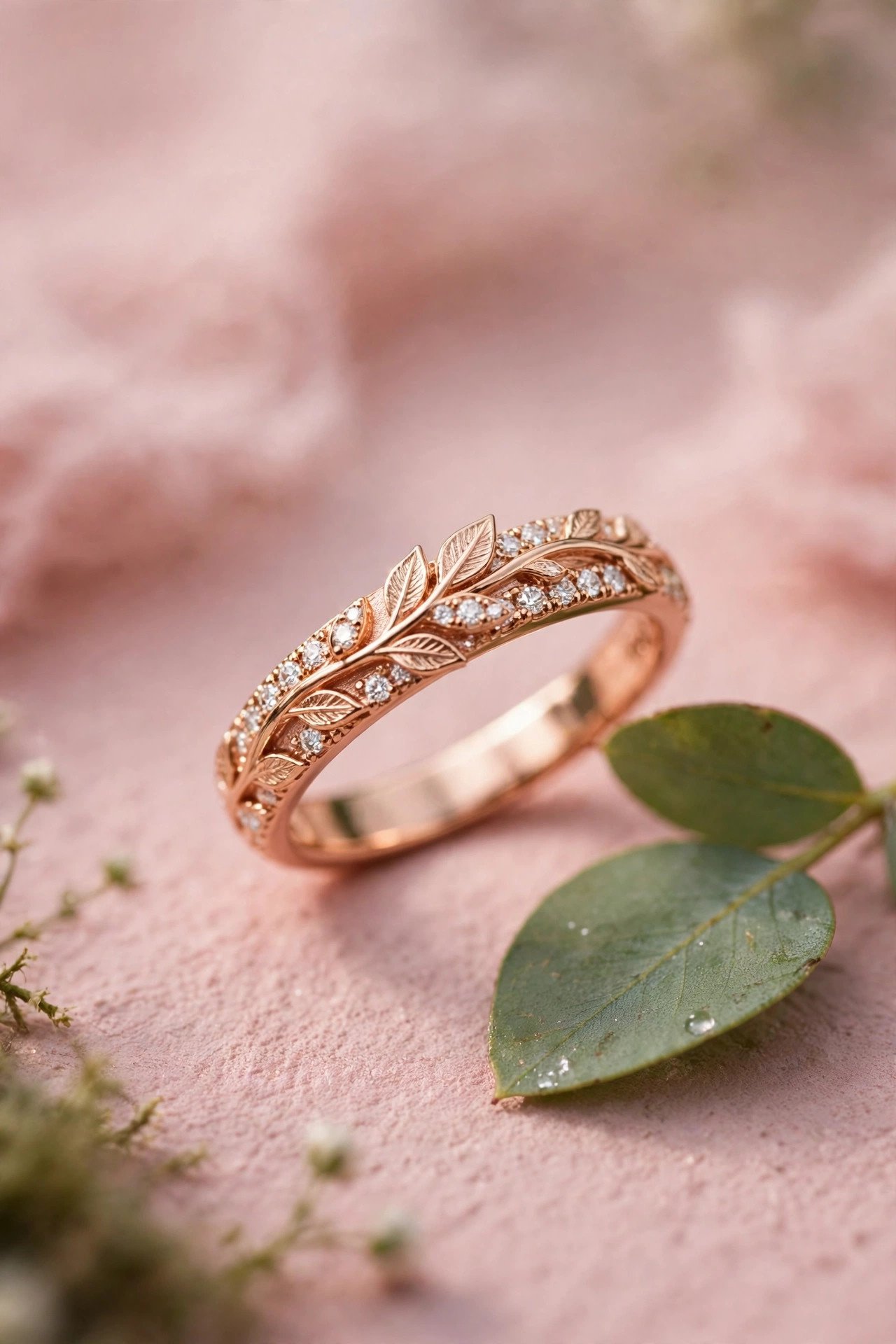 Rose Gold Leaf Band — rose gold wedding band on a soft pink background