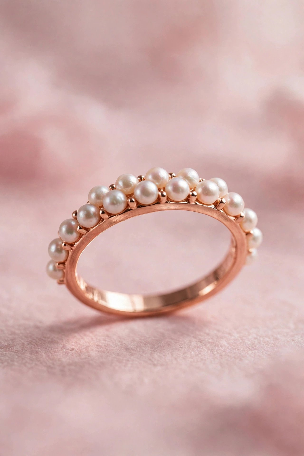 Rose Gold Band With Pearls — rose gold wedding band on a soft pink background