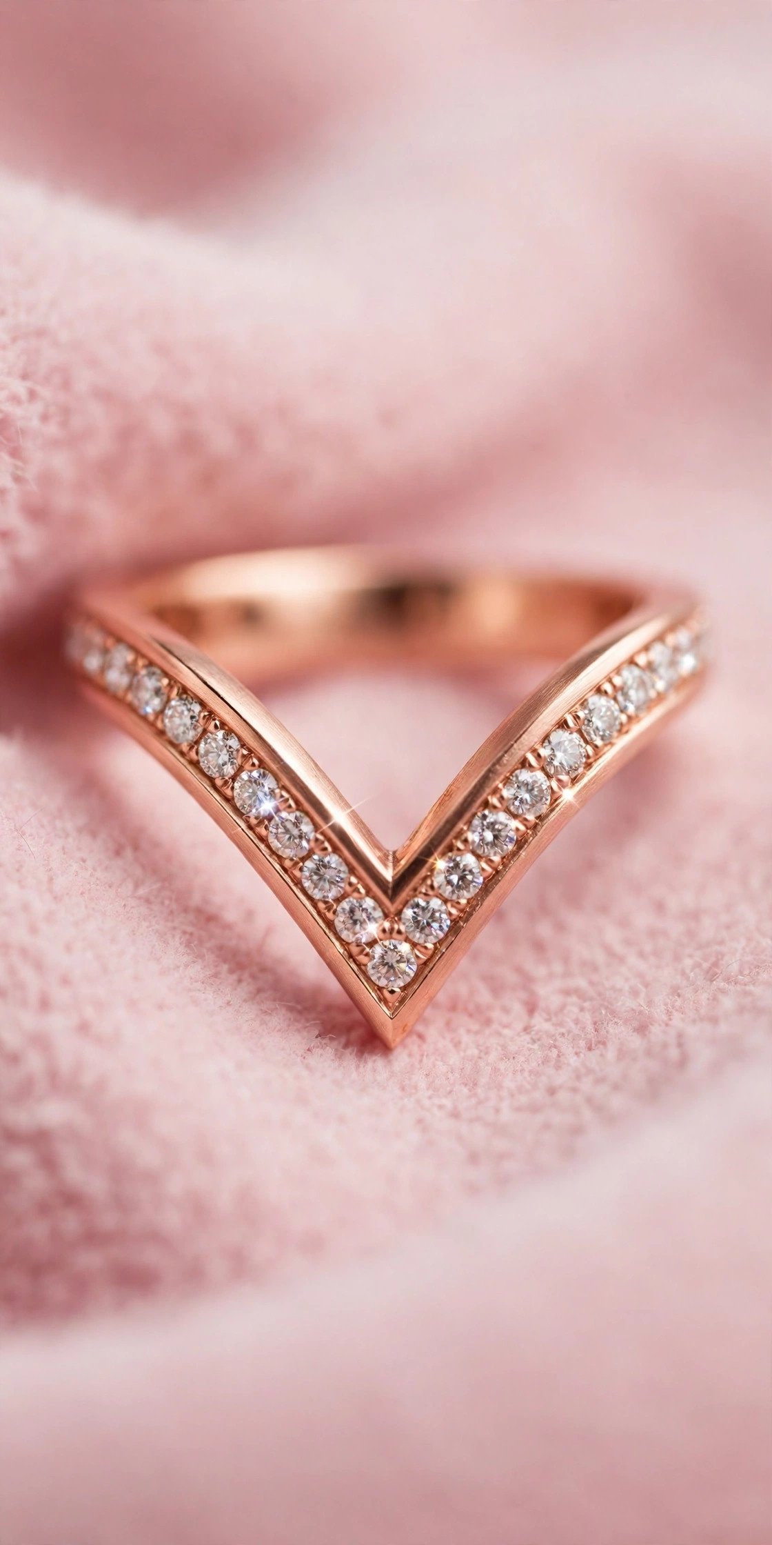 Rose Gold Chevron Band — rose gold wedding band on a soft pink background