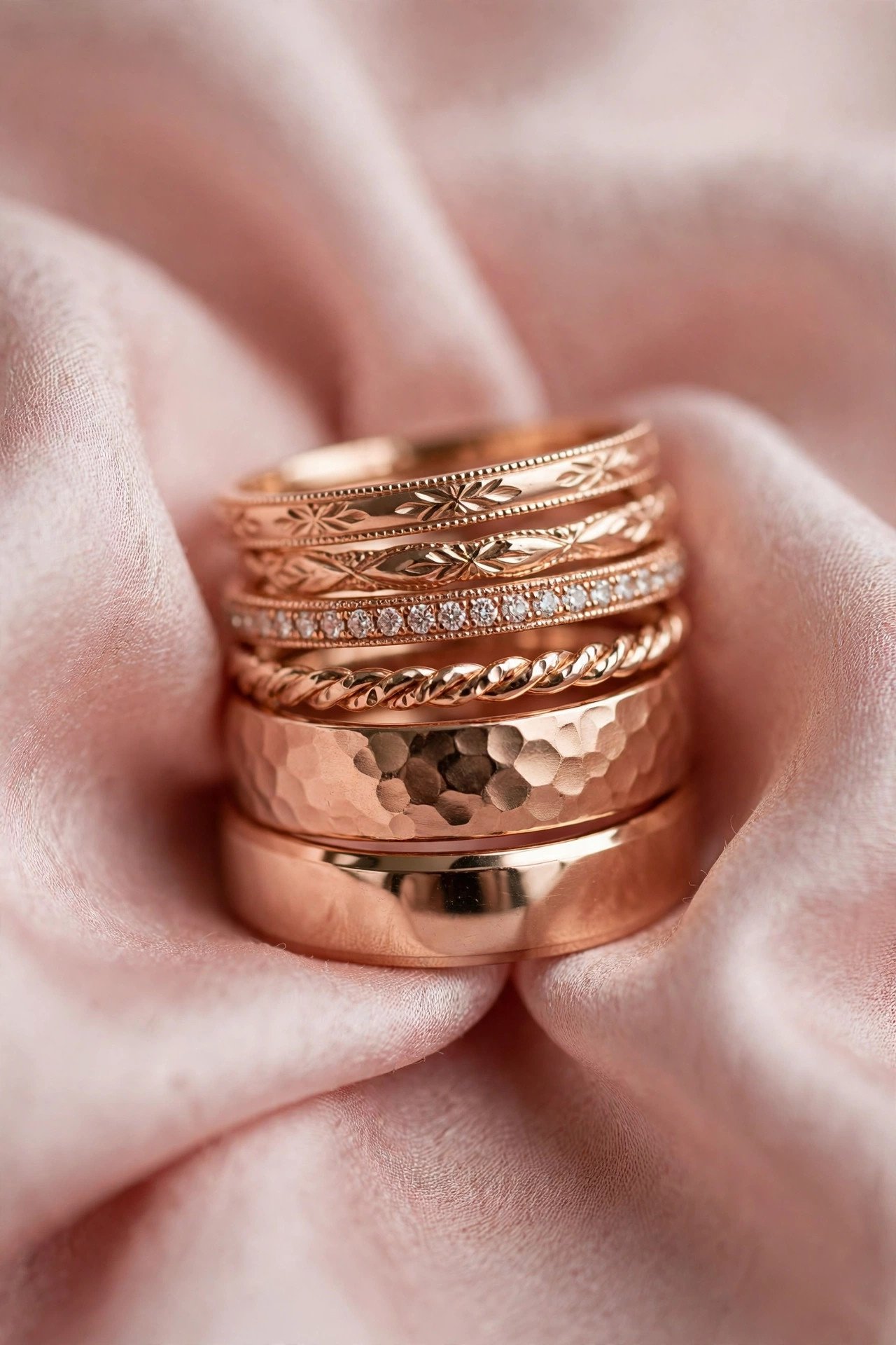 Rose Gold Mixed Stack Set — rose gold wedding band on a soft pink background