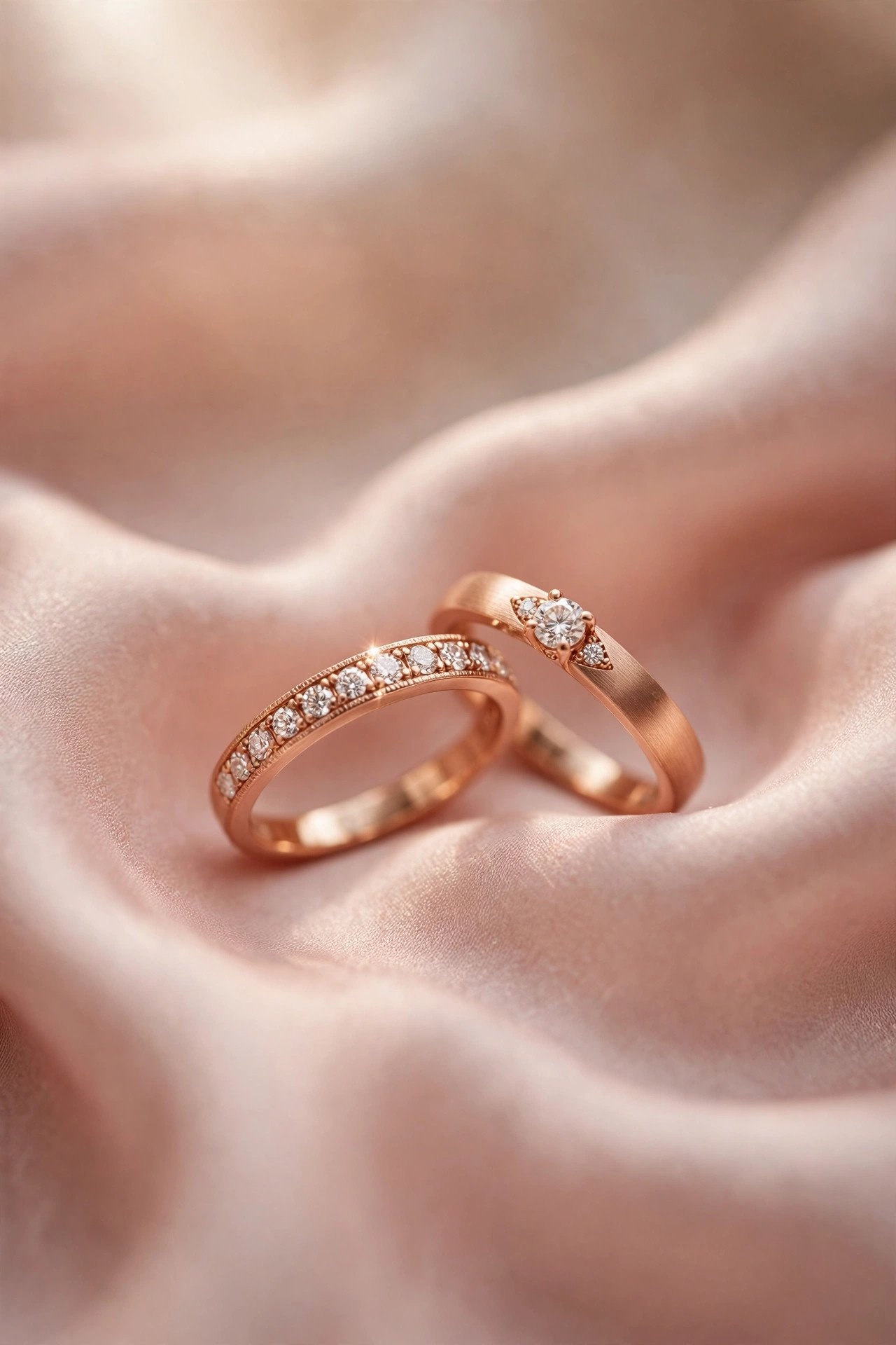 Rose gold wedding bands with diamonds on a blush silk background