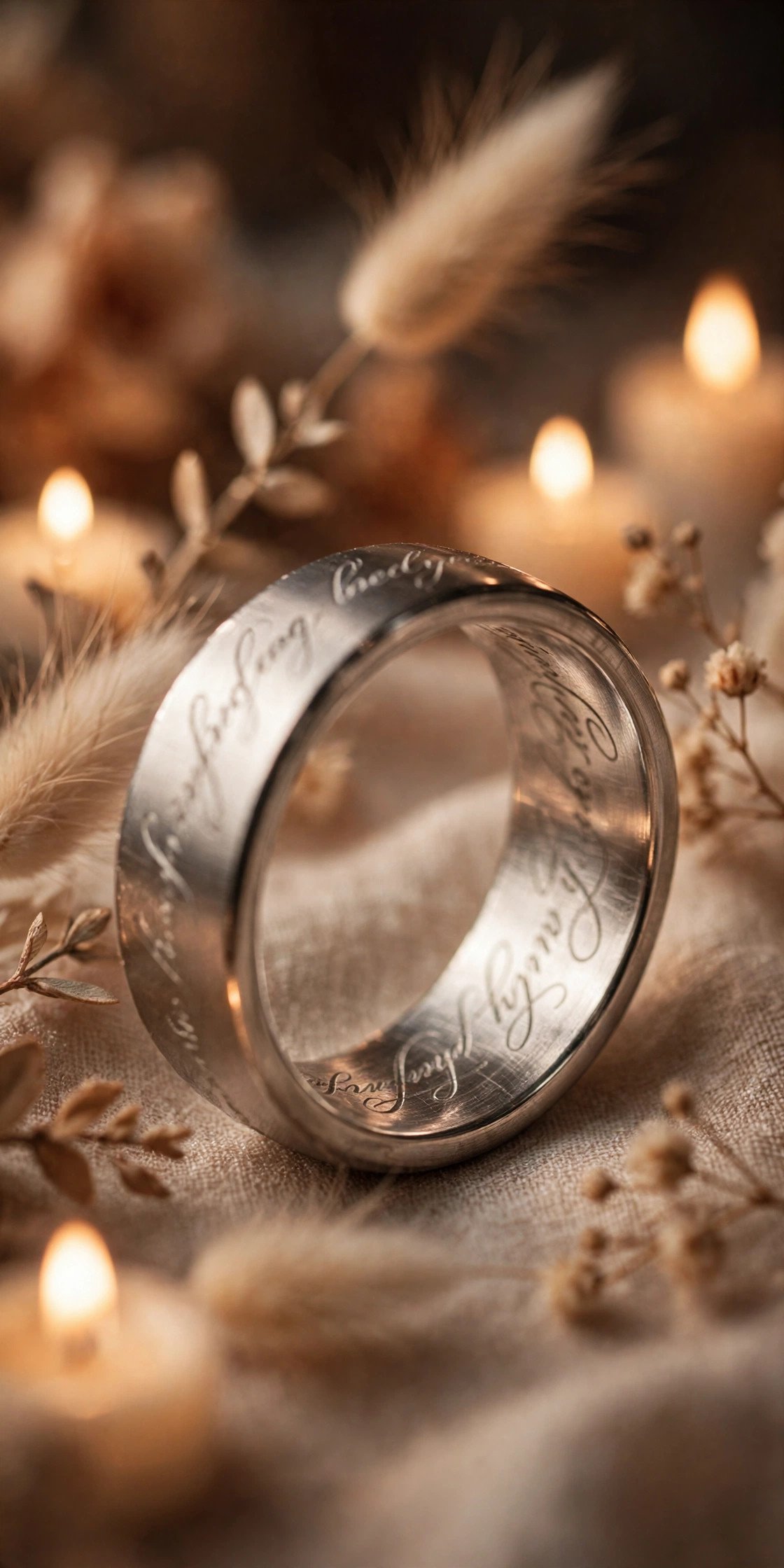 A Short Vow Fragment — engraved wedding band showing lettering inside the band