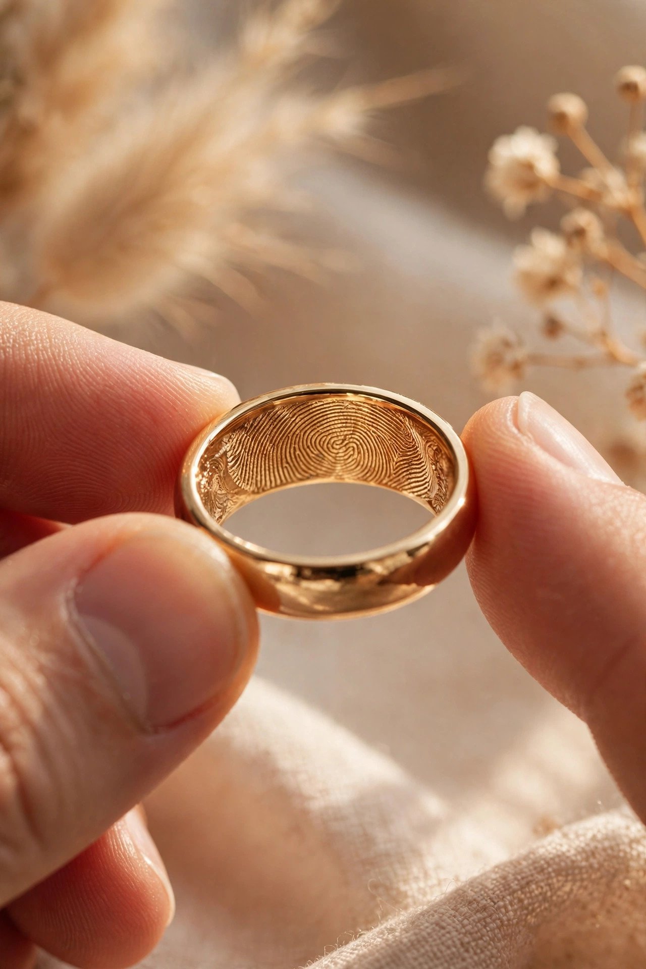 Your Fingerprints Engraved — engraved wedding band showing lettering inside the band