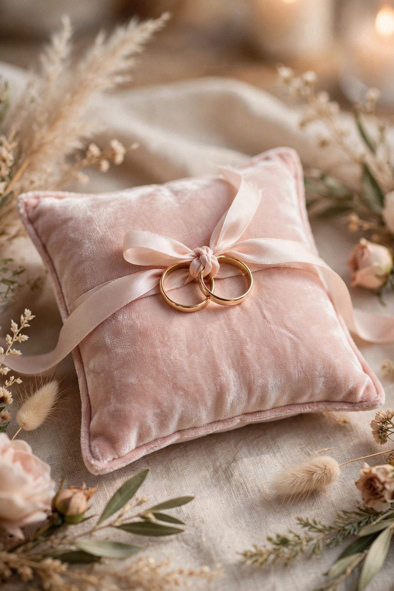 Velvet Blush Pillow — ring bearer pillow with satin ribbon and wedding bands